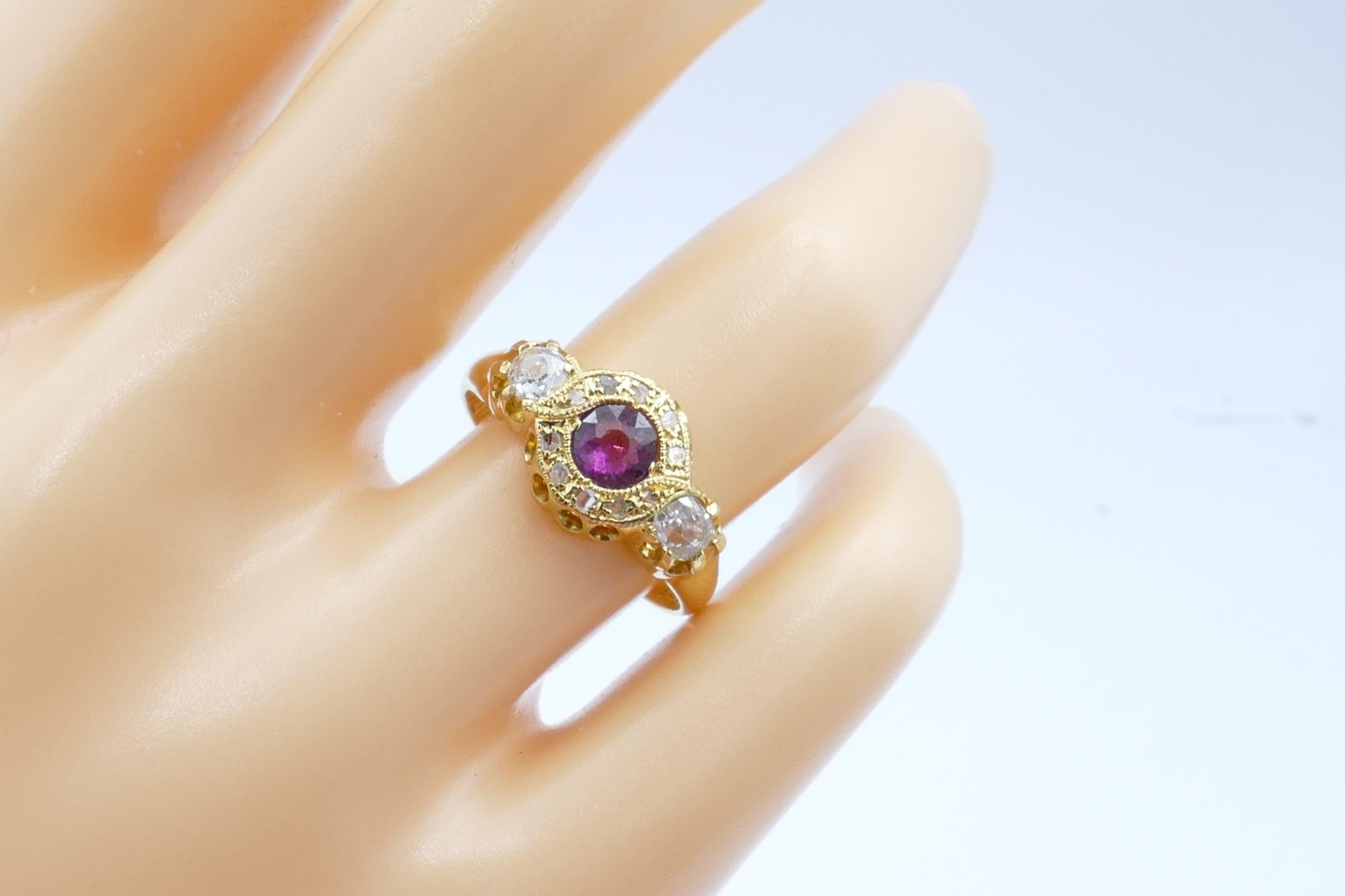 Women's Antique Hallmarked 18 Carat Yellow Gold Garnet and Diamond Dress Ring