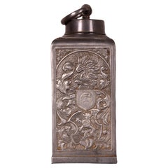 Antique hallmarked Pewter Bottle ar. 1880 Lion Crest Knightly / Hunting Style