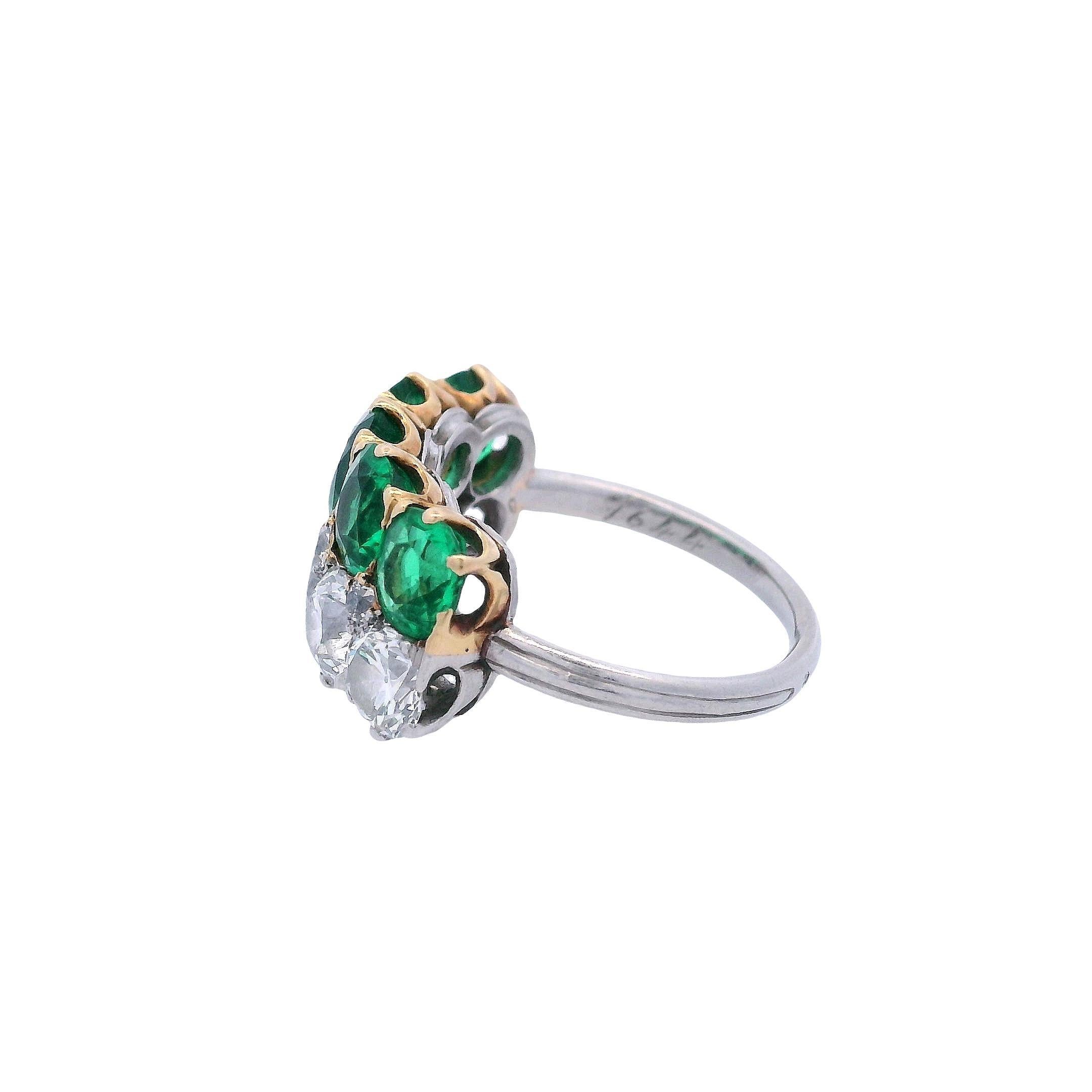 da uomo o donna Antique Hallmarked Platinum & 18kt Gold Ring with Colombian Emeralds and VVS Old in vendita