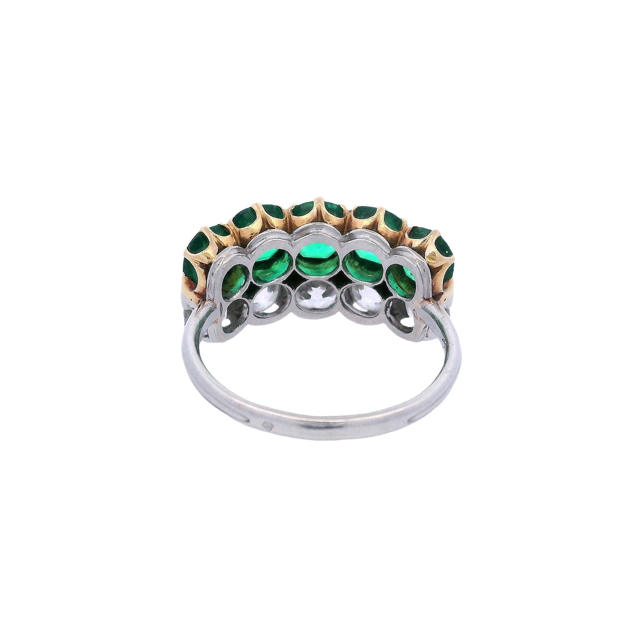 Antique Hallmarked Platinum & 18kt Gold Ring with Colombian Emeralds and VVS Old in vendita 2