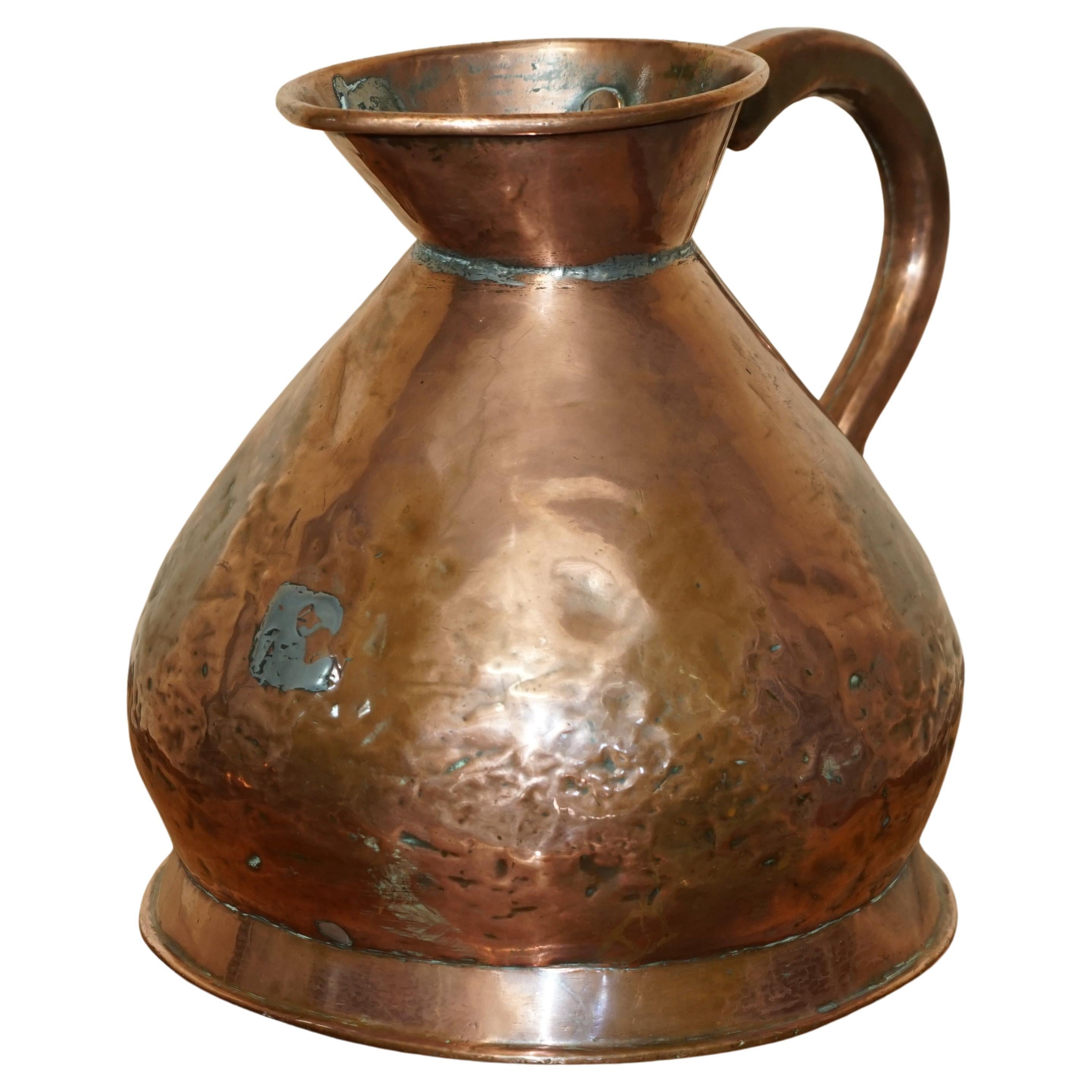 Antique Hallmarked & Stamped Georgian circa 1780 2 Gallon Copper & Brass Pitcher For Sale