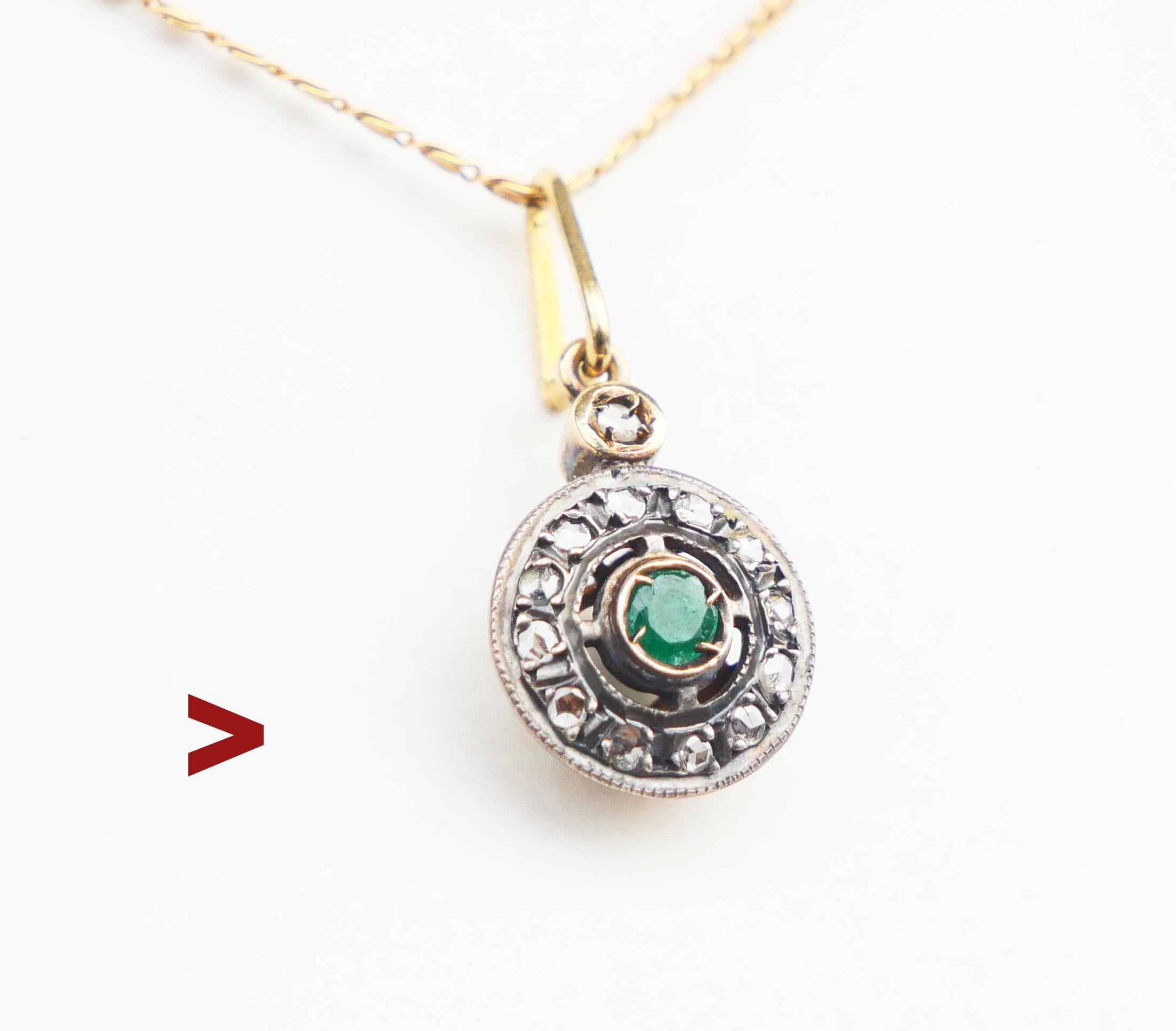 Emeralds and Diamonds, old Pendant set in solid 14 ct Greenish Yellow Gold. Ca. early XX cent, likely German or Danish, it was in possession of  Danish /German family.

Measures 25 mm long including the hanger. Crown Ø 12 mm x 7 mm deep with top in