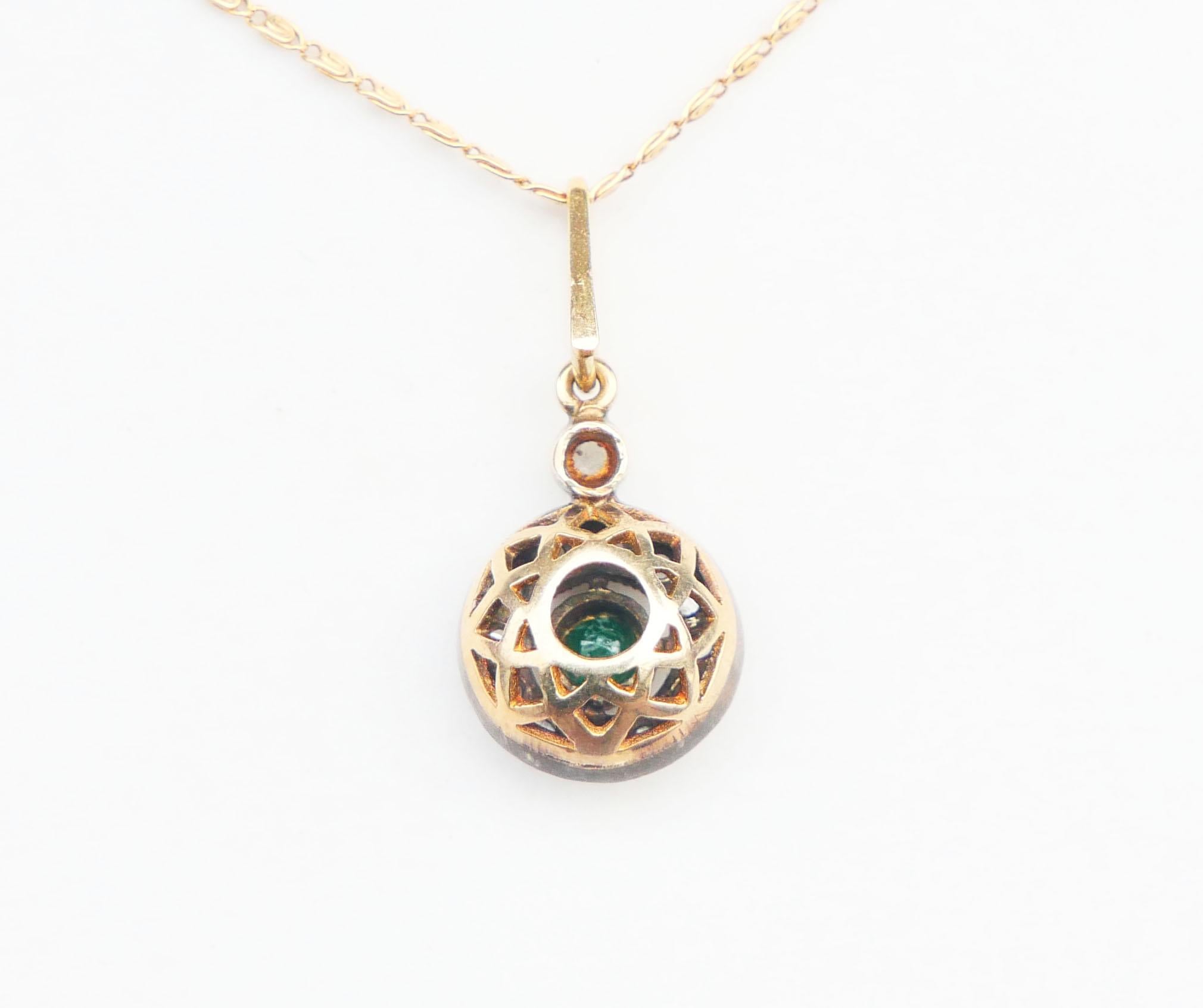 Old European Cut Antique Halo Pendant Emerald Diamond solid 14K Gold / 2.25gr For Sale