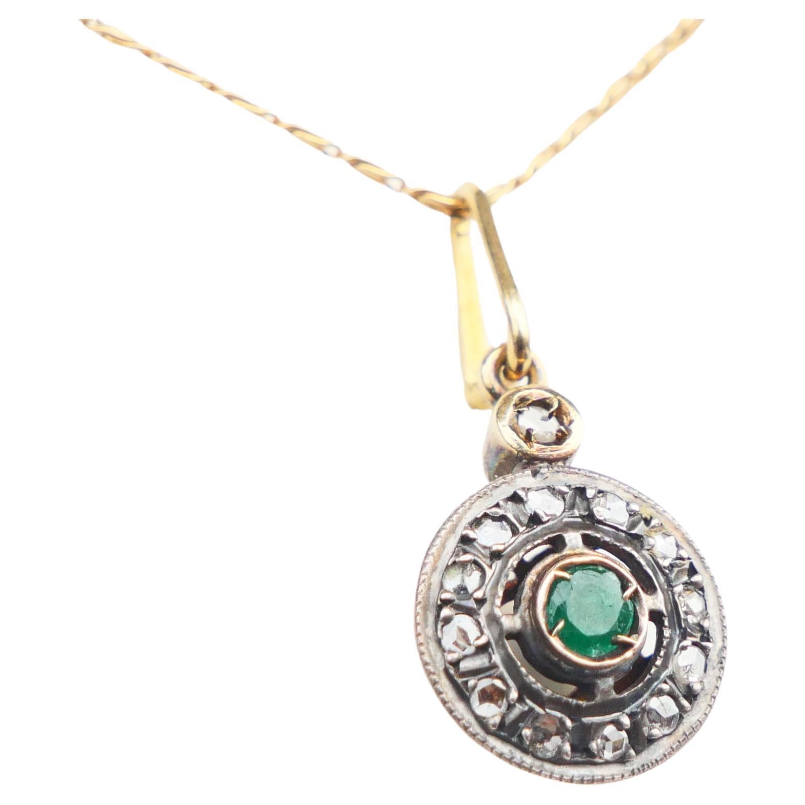 Antique Halo Pendant Emerald Diamond solid 14K Gold / 2.25gr