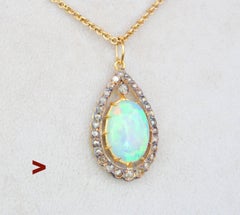 Ciondolo aureola antico Opale Diamante solido Oro 14K Argento / 1,82 gr