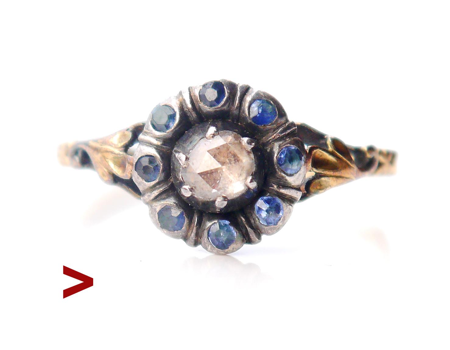 Very unusual Halo thing, with Sapphires accenting Diamond in the center of the flower.This design is opposite to conventional or stereotypical construction type where Sapphire is in the center with Diamonds flashing around.  Silver crown Ø 9.5 mm x
