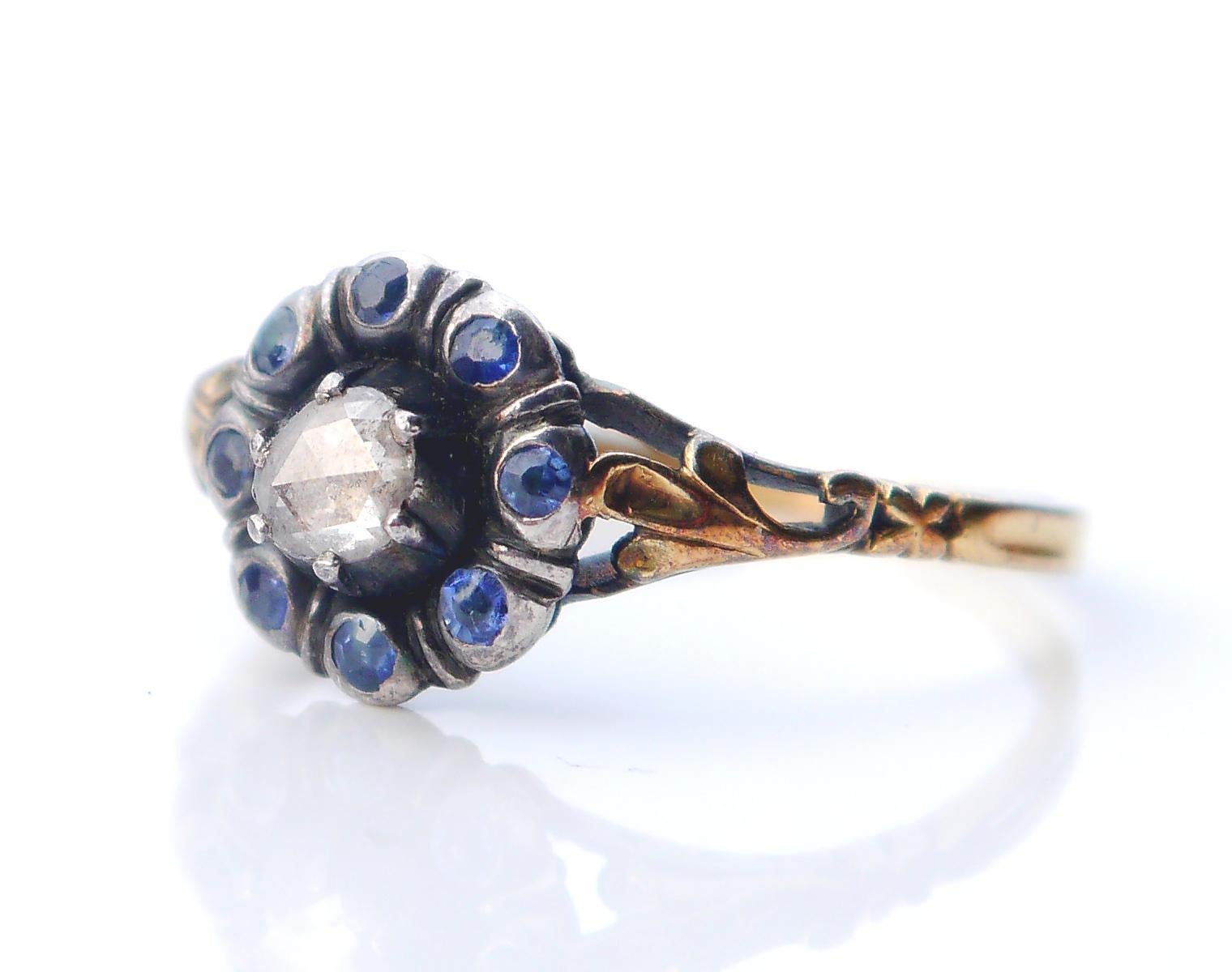Art Nouveau Antique Halo Ring 0.45ct Diamond Sapphires 18K Gold Silver ØUS6.75 /2.9 gr For Sale