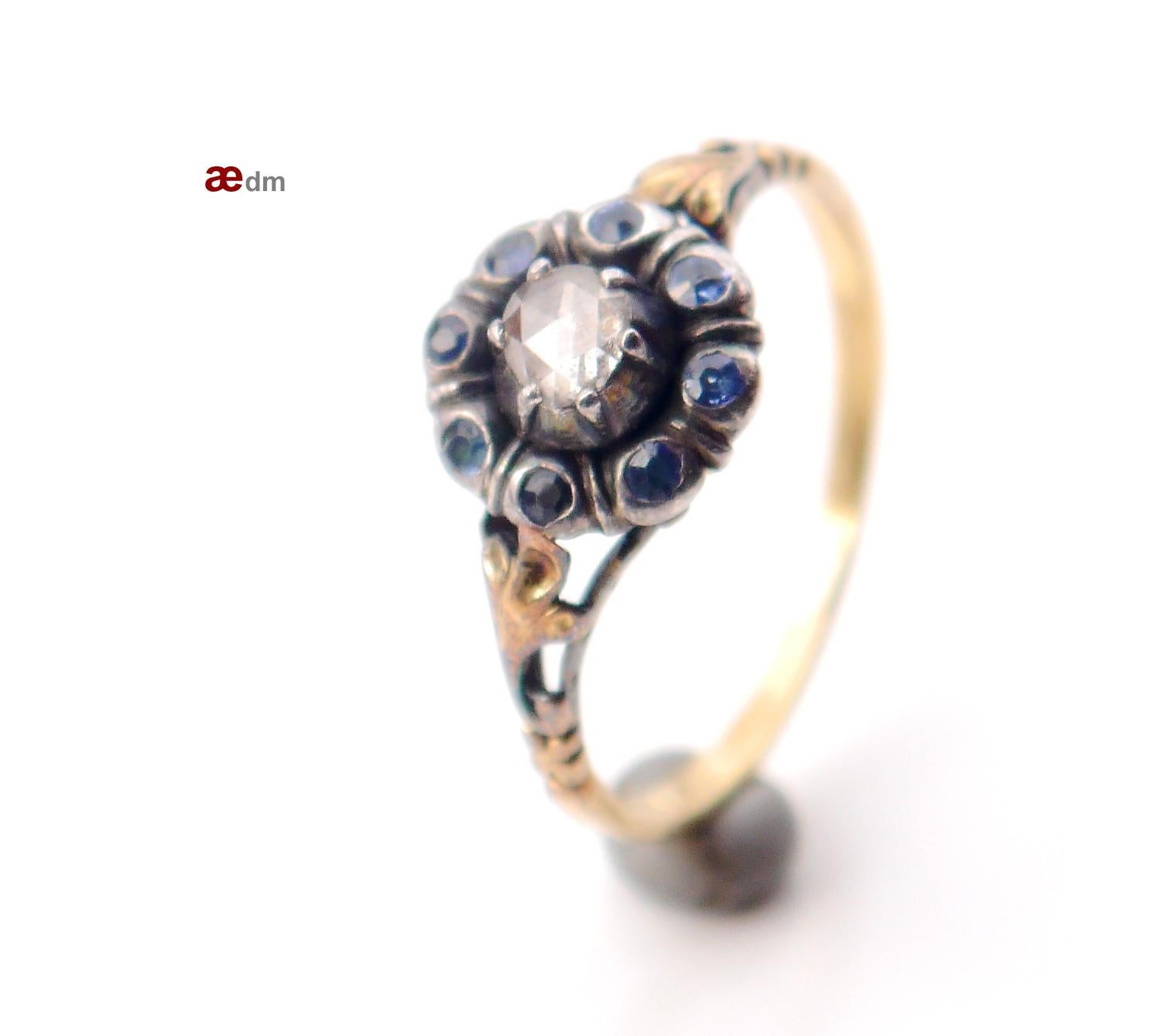 Women's Antique Halo Ring 0.45ct Diamond Sapphires 18K Gold Silver ØUS6.75 /2.9 gr For Sale