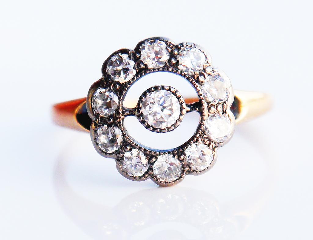 Antique Halo Ring with Diamonds ,band in solid 14K Yellow Gold (tested) .Crown with top custers in Silver or White Gold set with 11 old diamond cut Diamonds. No hallmarks.

Larger stone in the center Ø 3.25 mm x 2mm deep / 0.17 ct and 10 diamonds