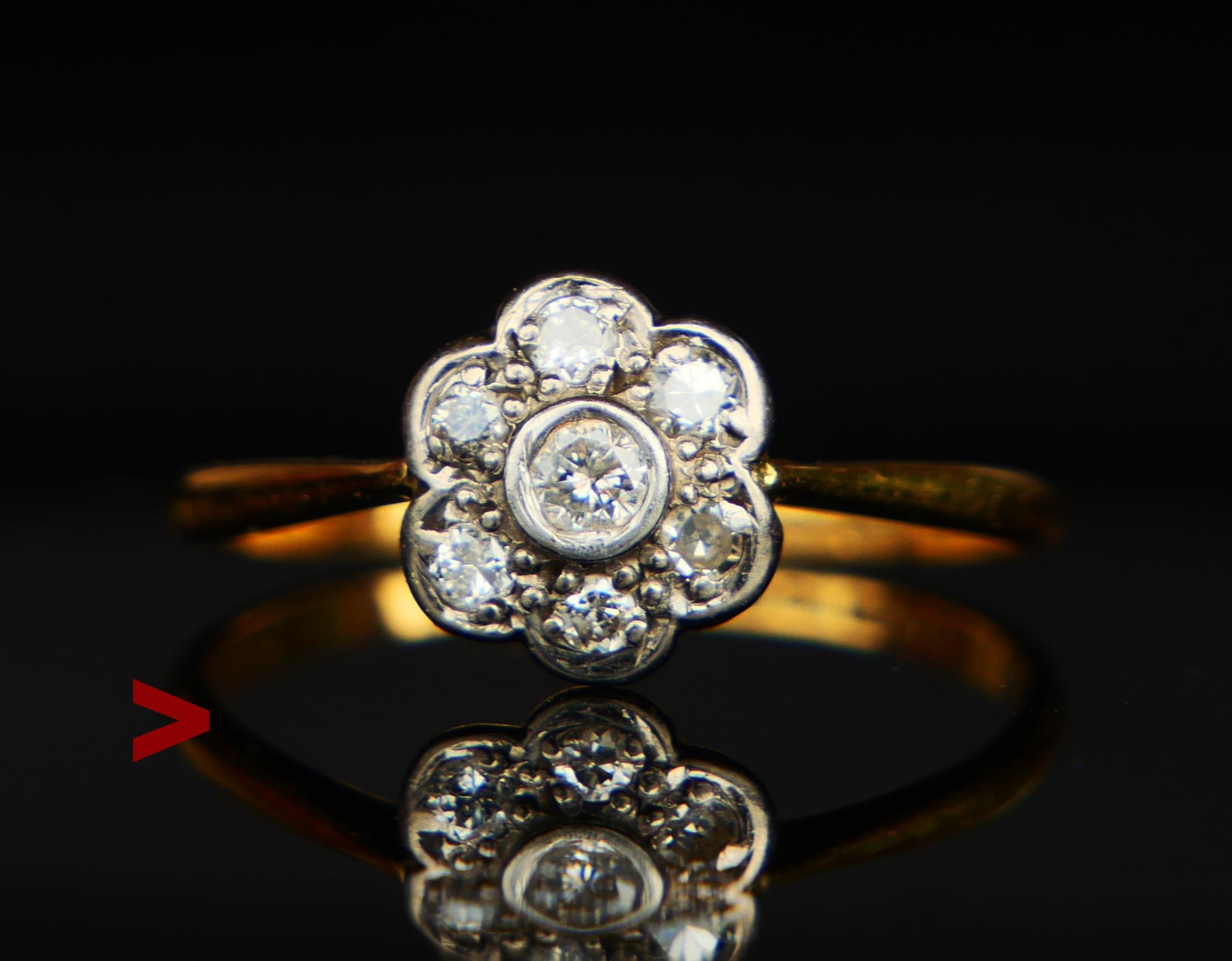 Antique Halo Ring with Diamonds, ca 1920s -1930s, likely US made . Band in solid 18K Yellow Gold (tested). Crown with top in Platinum holding 7 old diamond cut Diamonds. Hallmarked 18K and PLAT for Platinum.

The larger Diamond in the center Ø 2.75