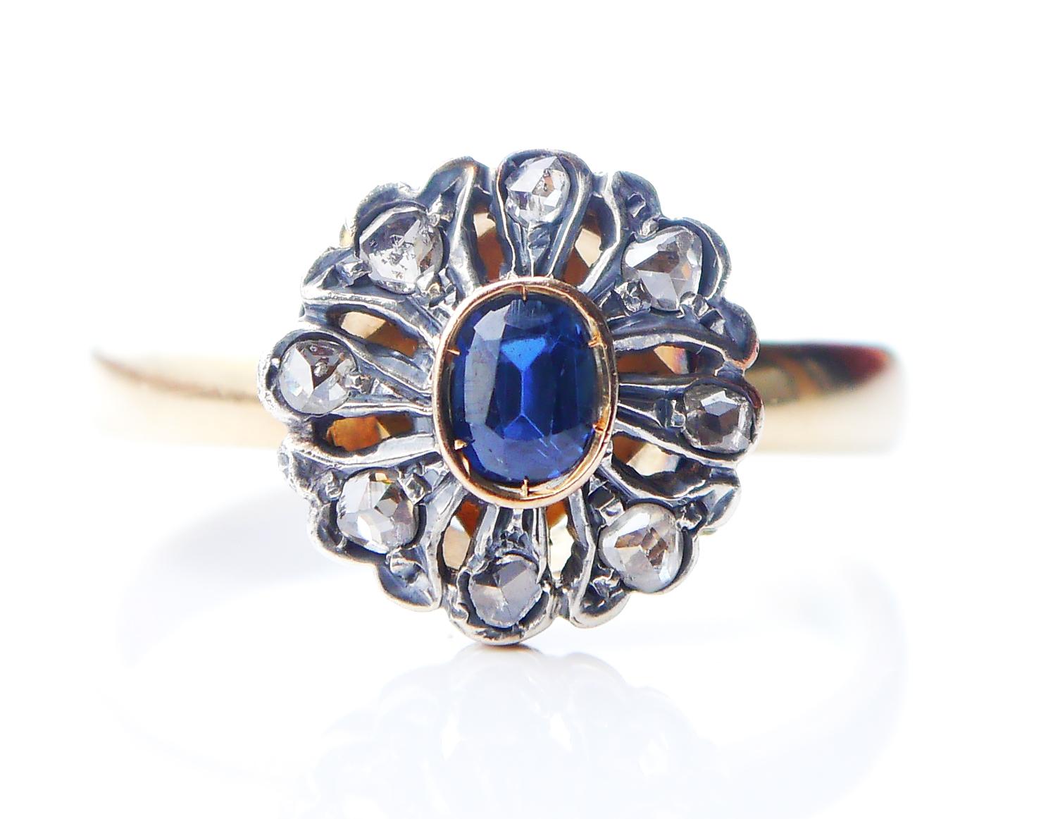 Women's Antique Halo Ring 0.6ct Sapphire 0.32ct Diamonds solid 18K Gold Ø12.5US/ 7.3 gr For Sale
