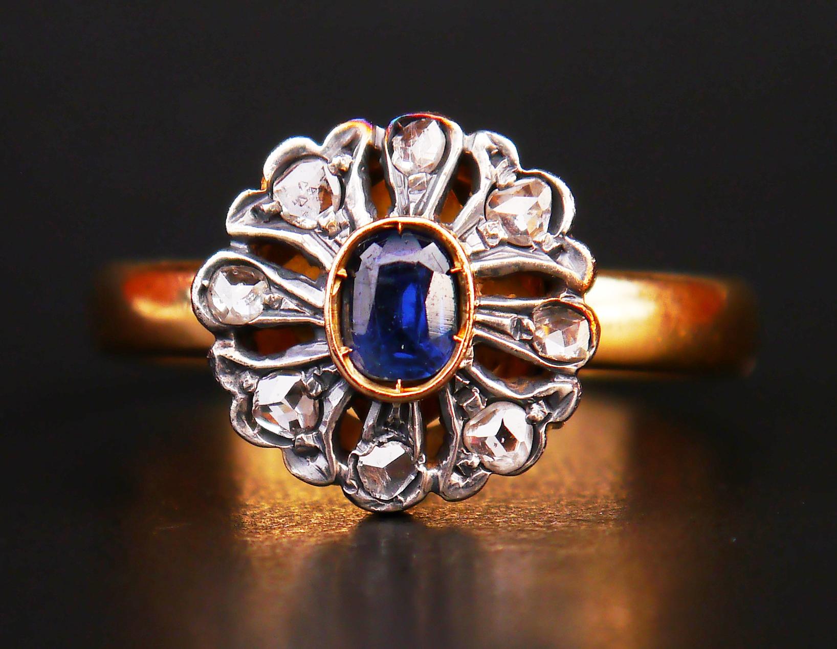 Antique Halo Ring 0.6ct Sapphire 0.32ct Diamonds solid 18K Gold Ø12.5US/ 7.3 gr For Sale 2