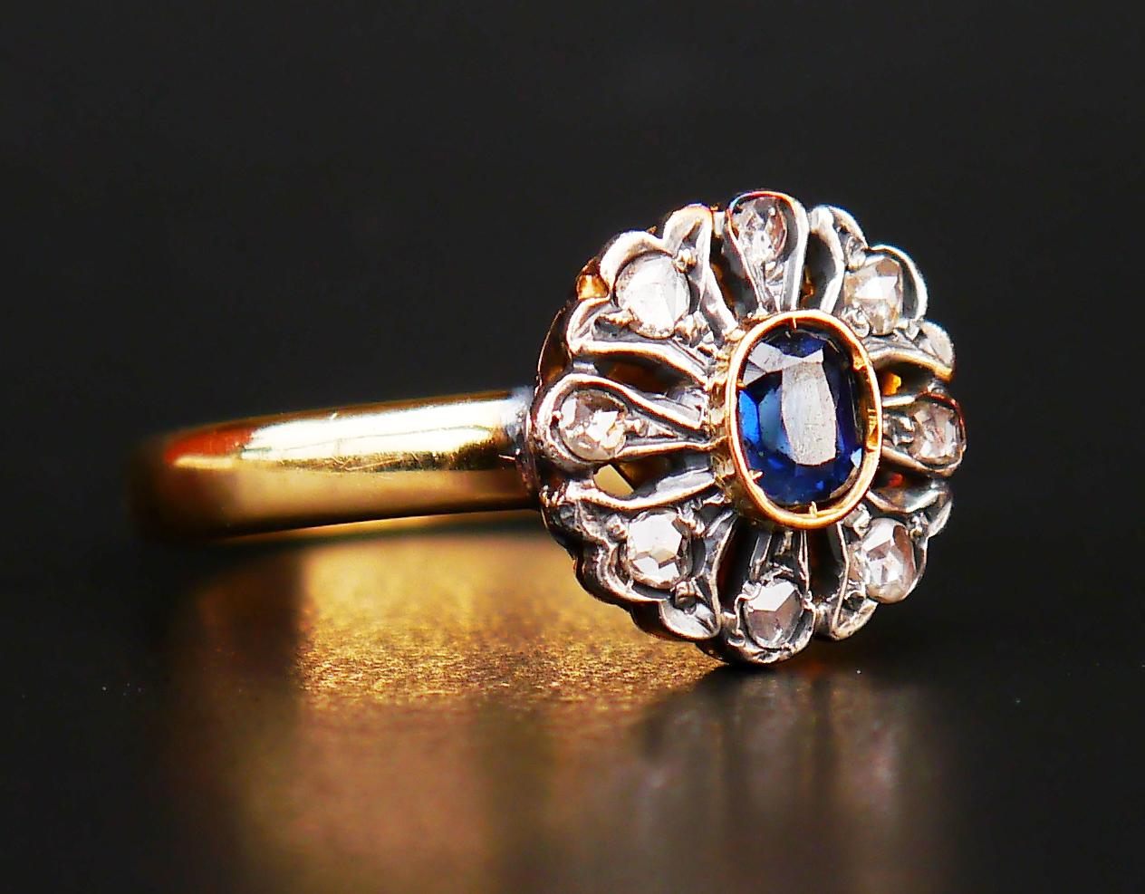 Antique Halo Ring 0.6ct Sapphire 0.32ct Diamonds solid 18K Gold Ø12.5US/ 7.3 gr For Sale 3