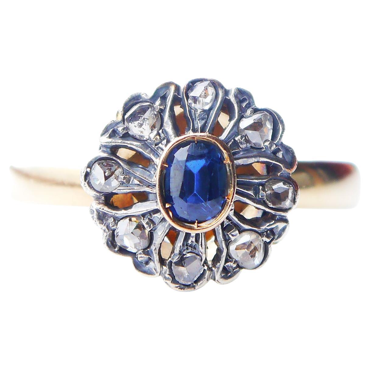 Antique Halo Ring 0.6ct Sapphire 0.32ct Diamonds solid 18K Gold Ø12.5US/ 7.3 gr For Sale