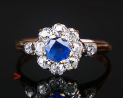 Bague Halo Antique 0.7ct Sapphire 1ctw Diamonds solid 18K Rose Gold Ø8US/ 2.85gr