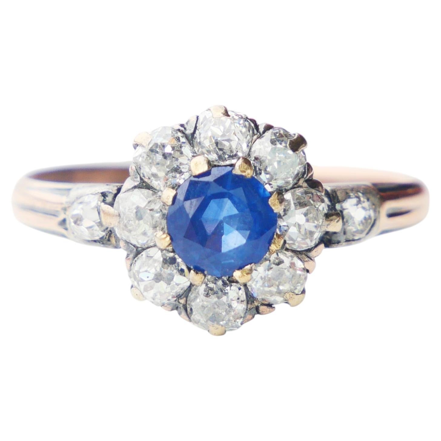 Antique Halo Ring 0.7ct Sapphire 1ctw Diamonds solid 18K Rose Gold Ø8US/ 2.85gr