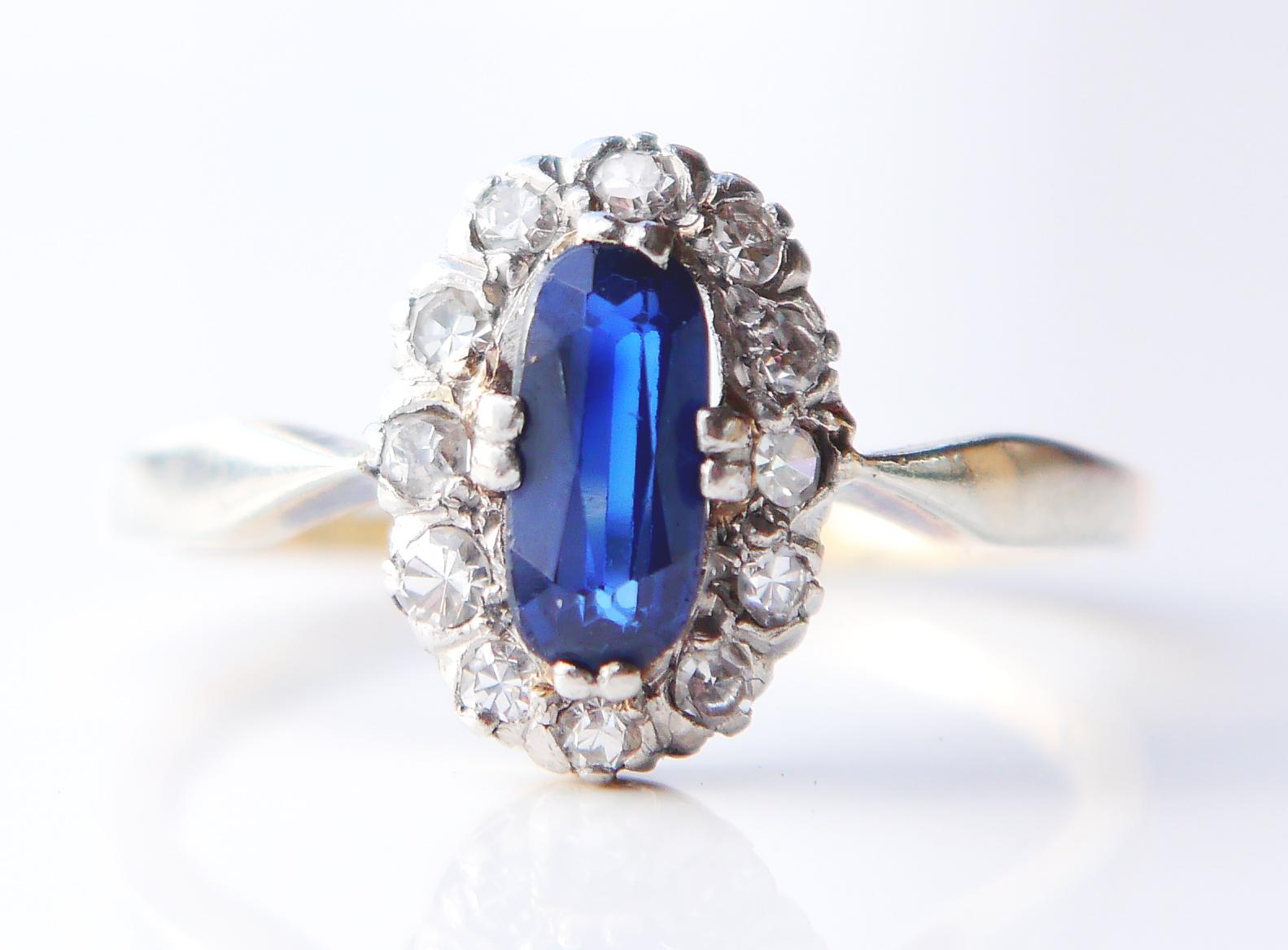 Old European Cut Antique Halo Ring 0.7ct Sapphire Diamonds solid 14K Gold Ø 7.25 US/ 2.5gr For Sale
