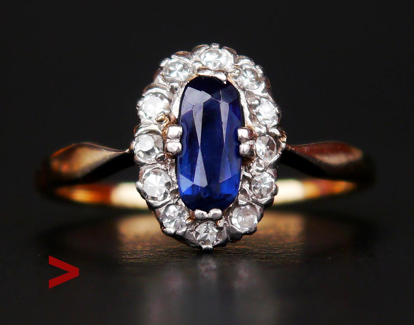 Antique Halo Ring 0.7ct Sapphire Diamonds solid 14K Gold Ø 7.25 US/ 2.5gr For Sale 1