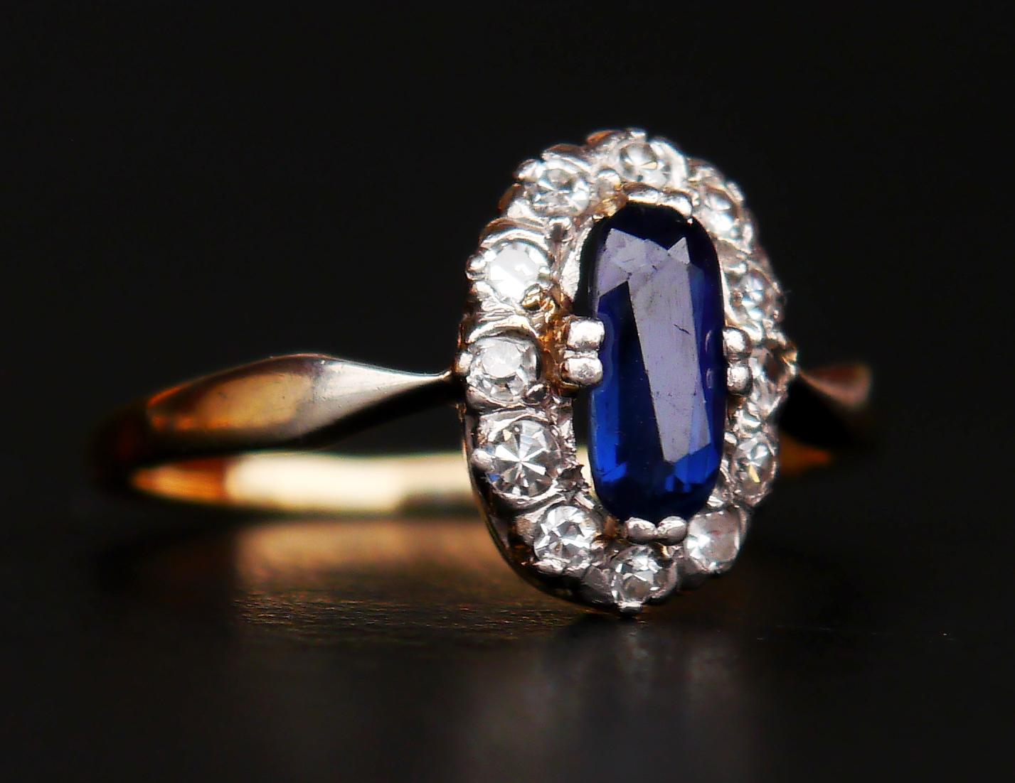 Antique Halo Ring 0.7ct Sapphire Diamonds solid 14K Gold Ø 7.25 US/ 2.5gr For Sale 2