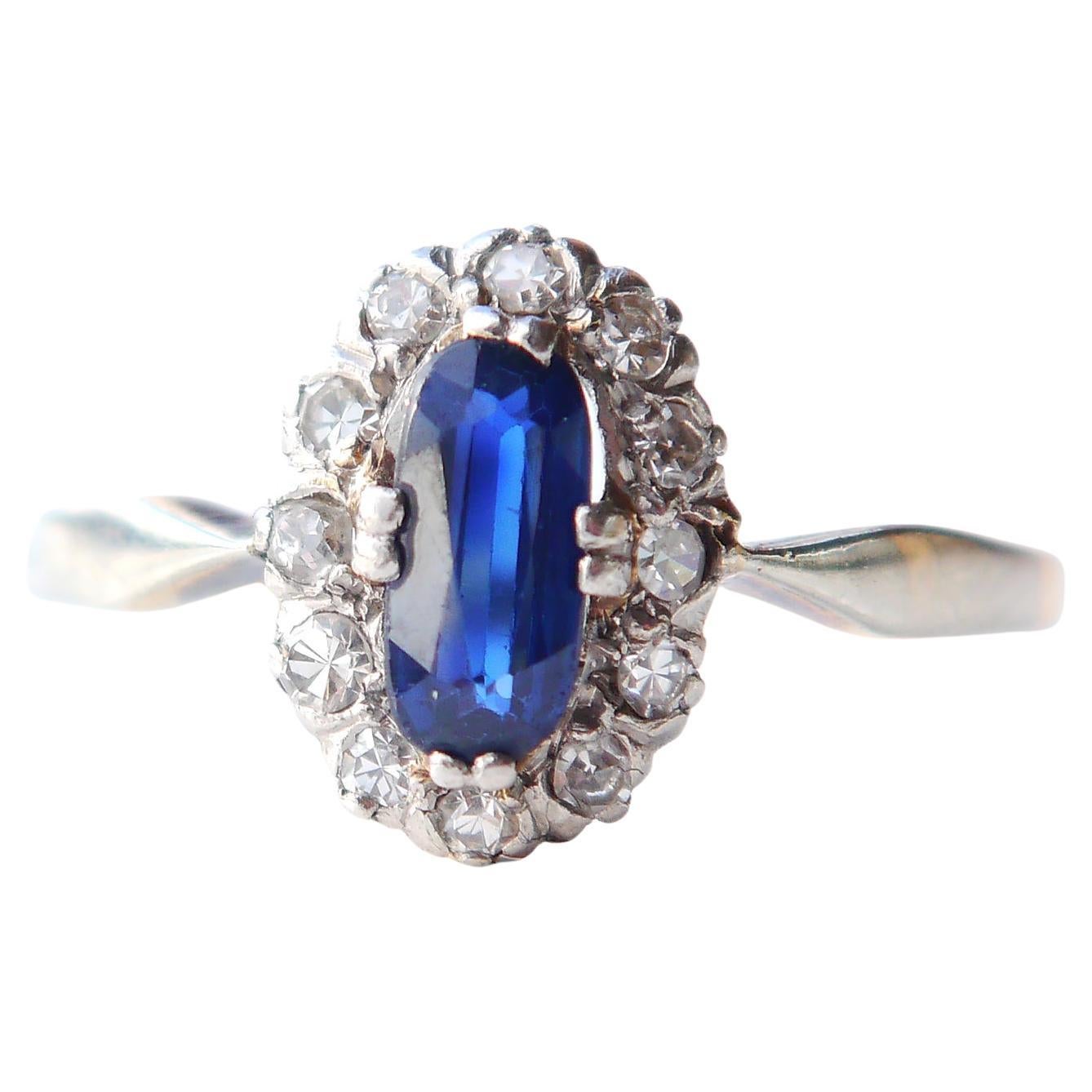 Antique Halo Ring 0.7ct Sapphire Diamonds solid 14K Gold Ø 7.25 US/ 2.5gr For Sale