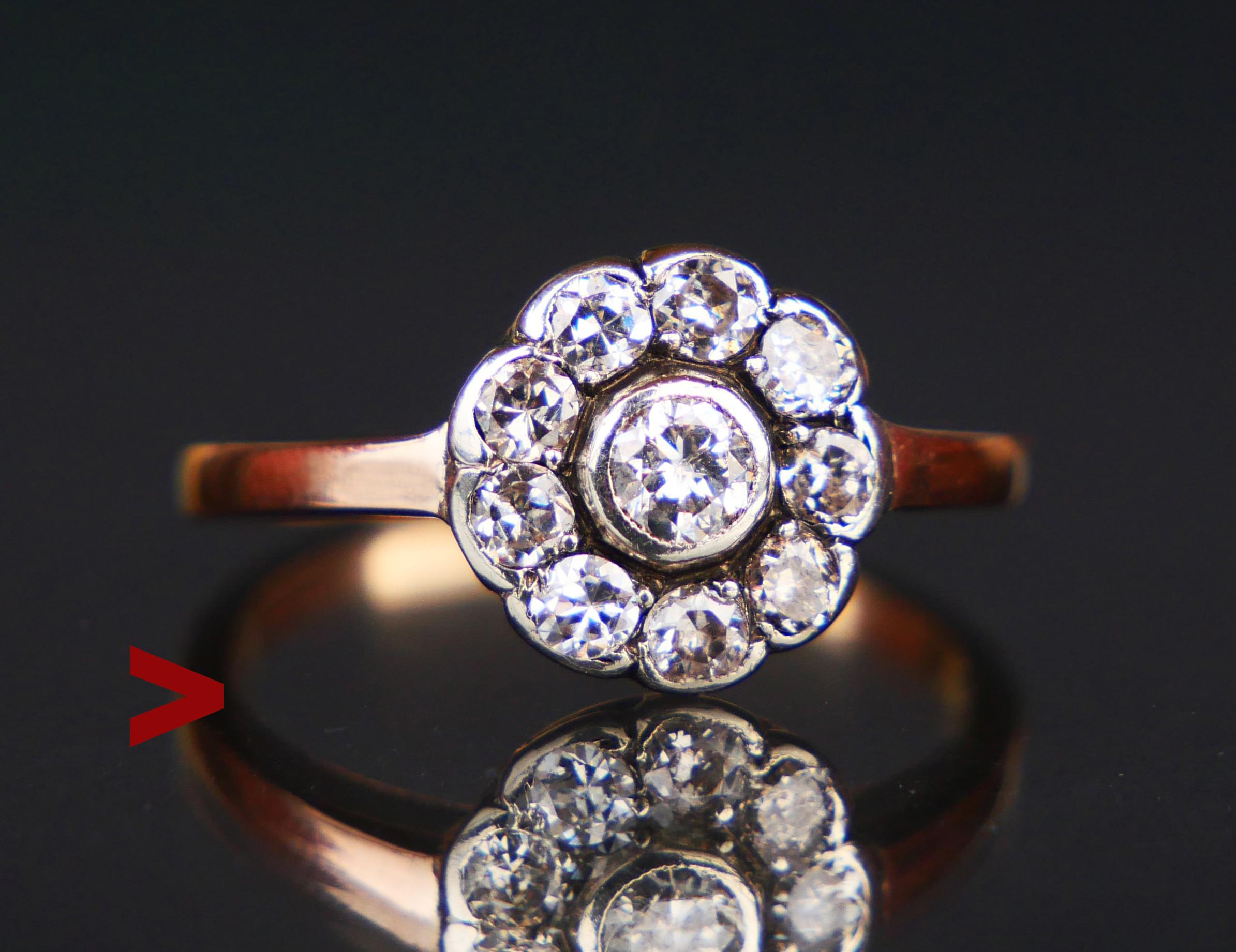 Antique Halo Ring with Diamonds, ca 1920s -1930s, likely German or Danish.  No hallmarks, band tested solid 14K Rose Gold.

Crown with top in White Gold or Silver holding 11 old diamond cut Diamonds.The larger Diamond in the center Ø 3.5 mm x 1.95