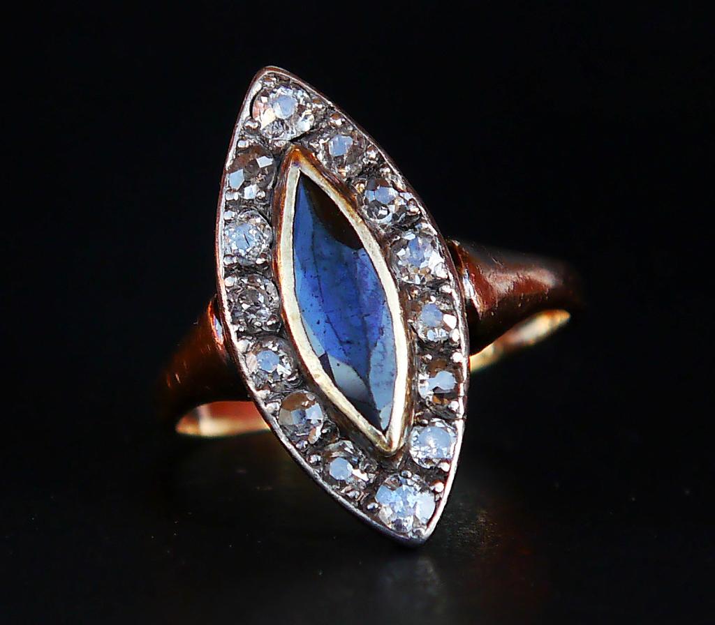 Antiker Halo-Ring, 1 ct Saphir, Diamanten, massives 14K Roségold, US 3,75 / 2,8gr, antik (Art déco) im Angebot