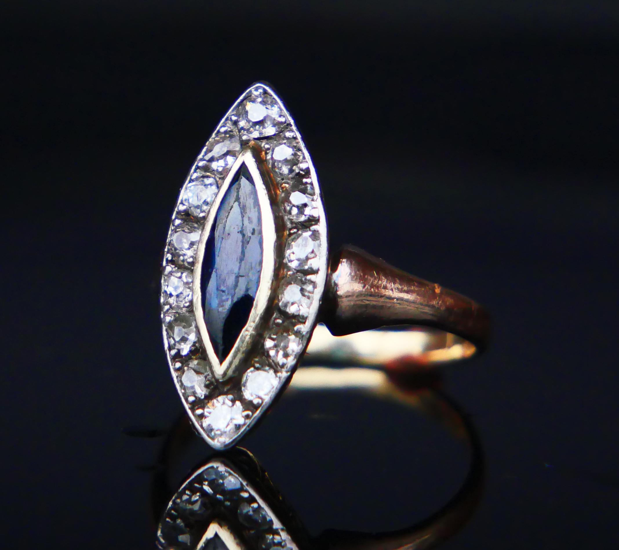 Taille Marquise Bague Halo ancienne 1 carat saphir diamants massif or rose 14 carats US 3,75 / 2,8 g en vente