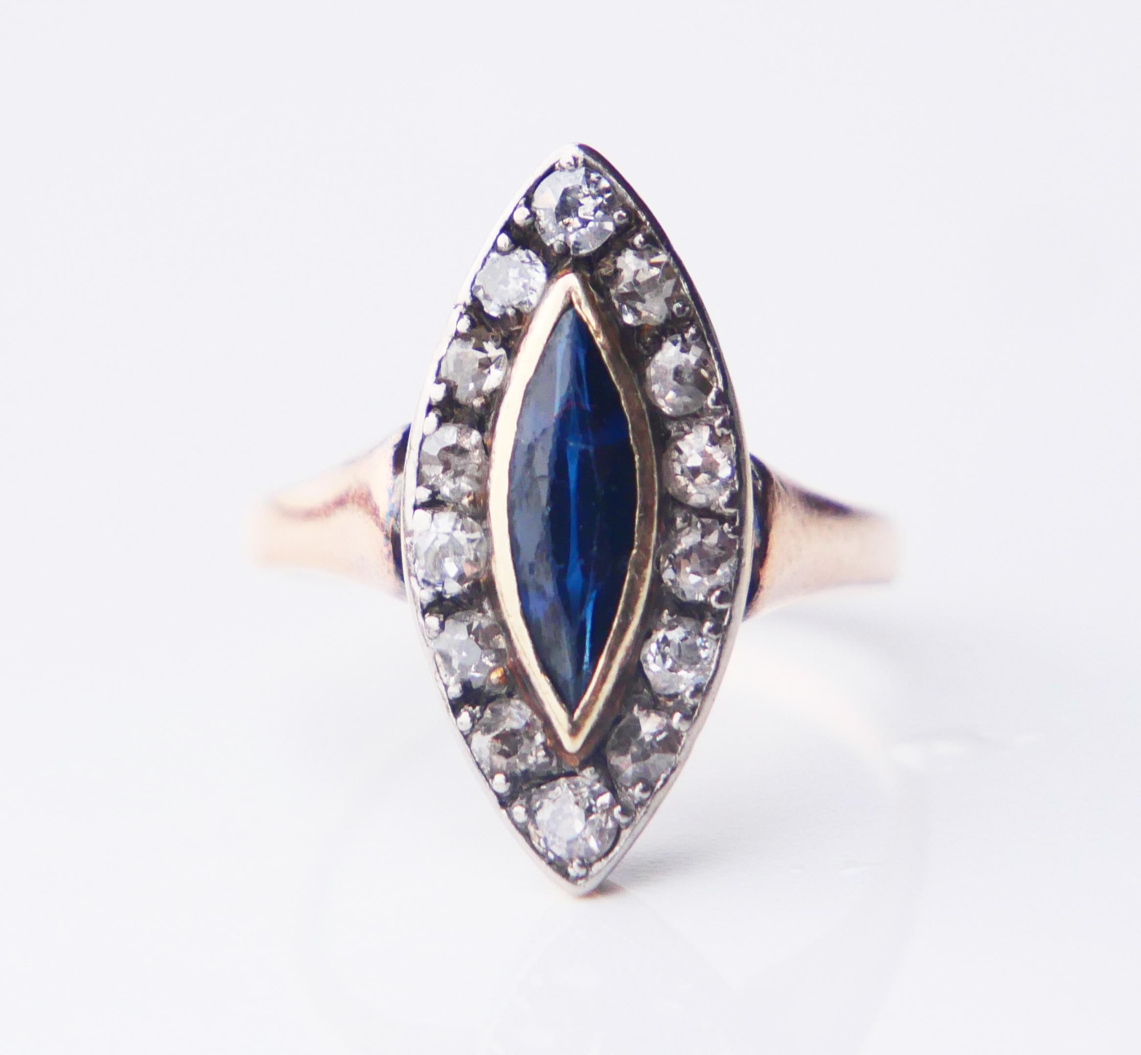 Antiker Halo-Ring, 1 ct Saphir, Diamanten, massives 14K Roségold, US 3,75 / 2,8gr, antik im Angebot 4
