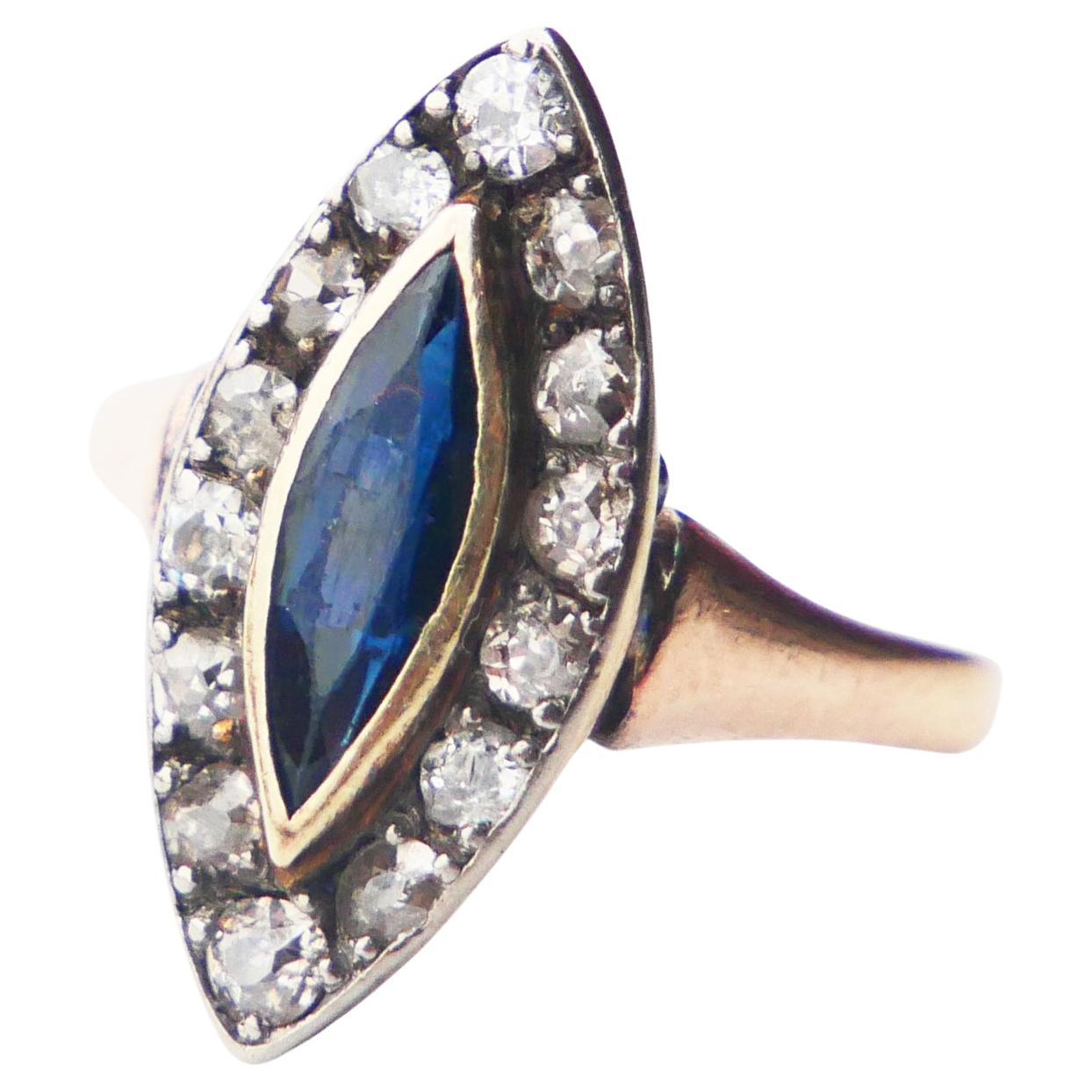 Antique Halo Ring 1 ct Sapphire Diamonds solid 14K Rose Gold US 3.75 / 2.8gr