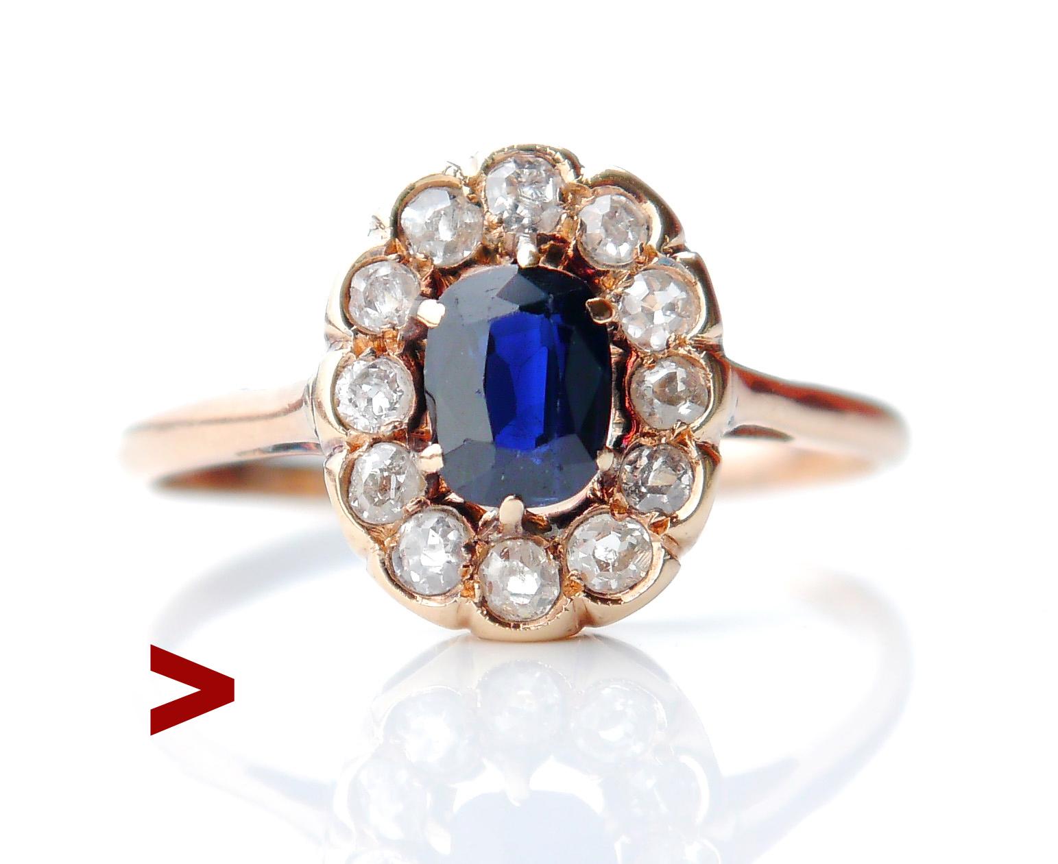 Beautiful at least century old Halo Ring in solid 14K Yellow Gold with natural and untreated Greenish Blue Sapphire and 12 old European cut Diamonds. No Silver, White Gold or Platinum around Diamonds in this design.

European or Russian,ca. early XX
