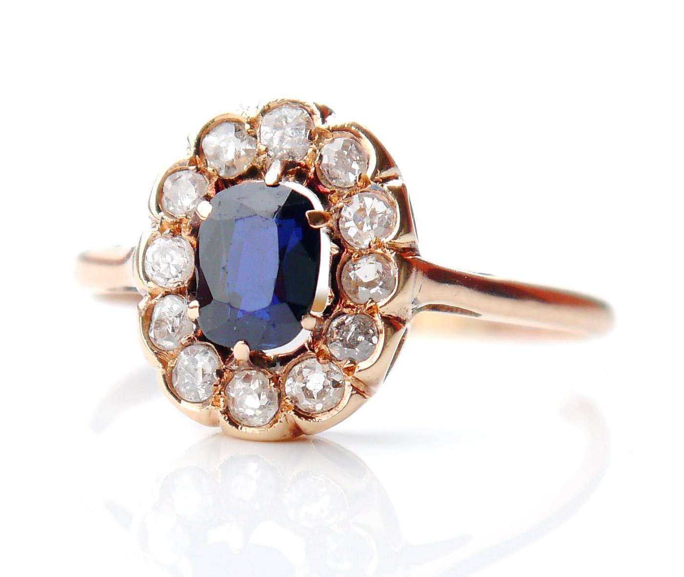 Art Deco Antique Halo Ring 1.2ct Sapphire 1ctw Diamonds solid 14K Gold Ø 9.75 US / 2.2gr