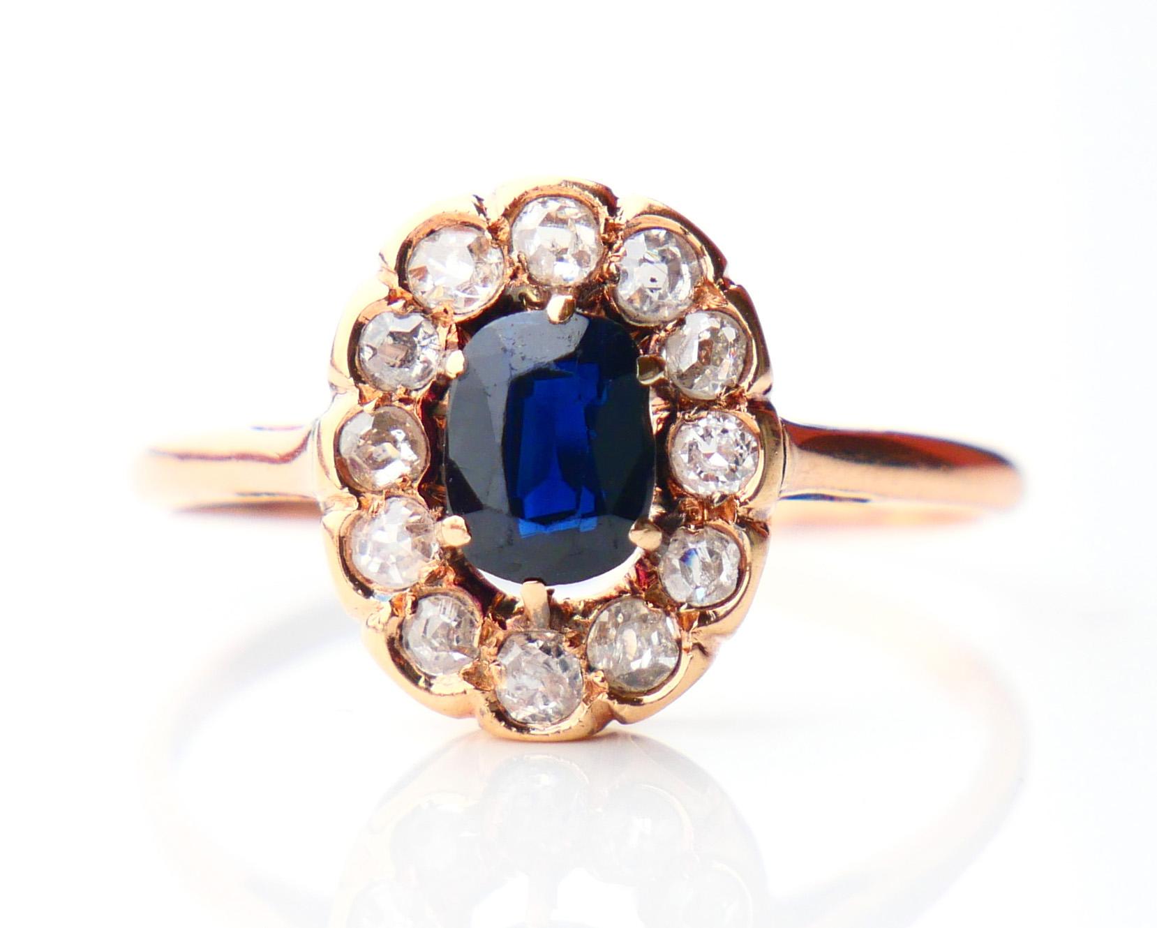Women's Antique Halo Ring 1.2ct Sapphire 1ctw Diamonds solid 14K Gold Ø 9.75 US / 2.2gr