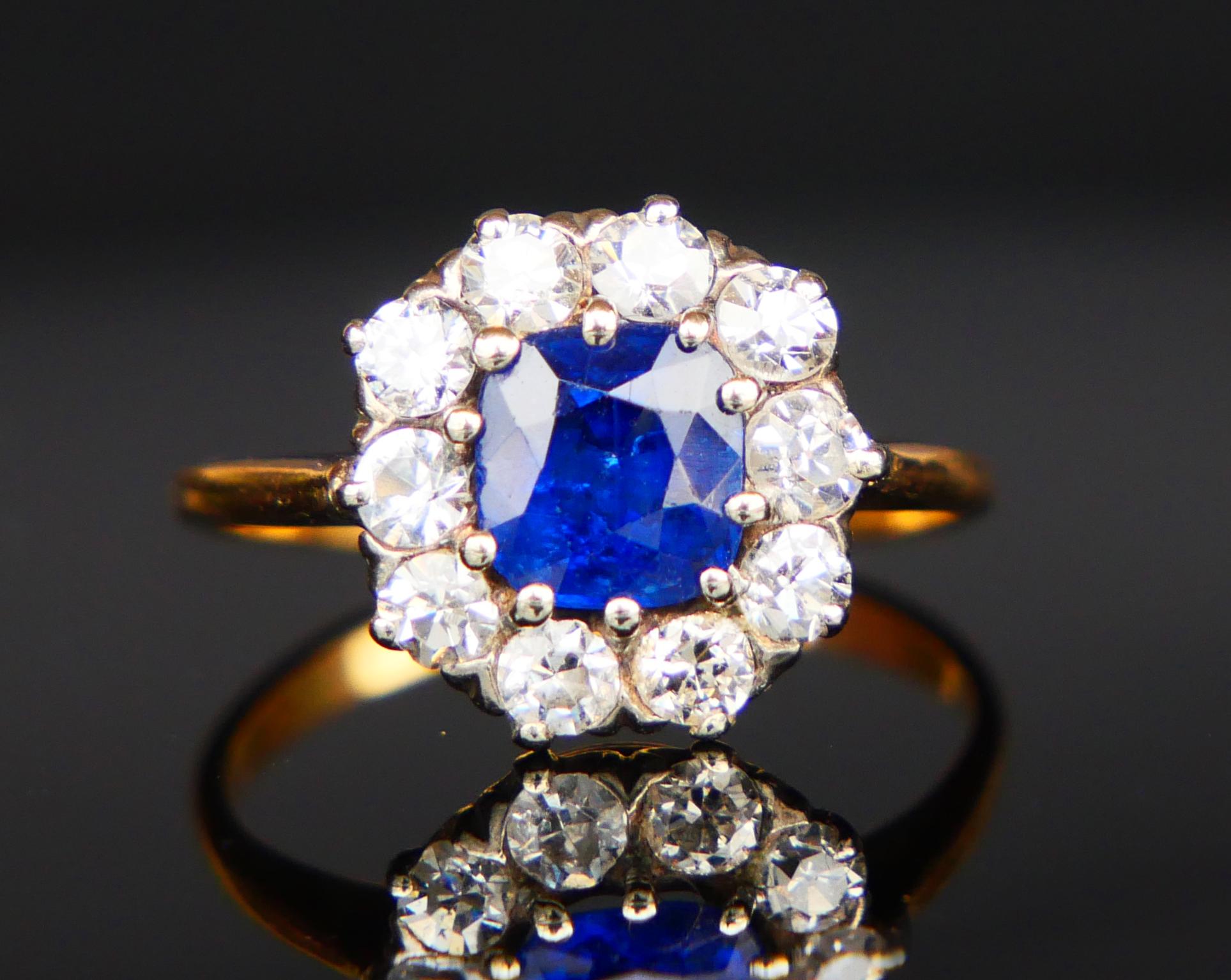 Antique halo ring 1ct Sapphire 0.8ctw Diamonds 18K Gold Platinum US4.75/2.8gr For Sale 5