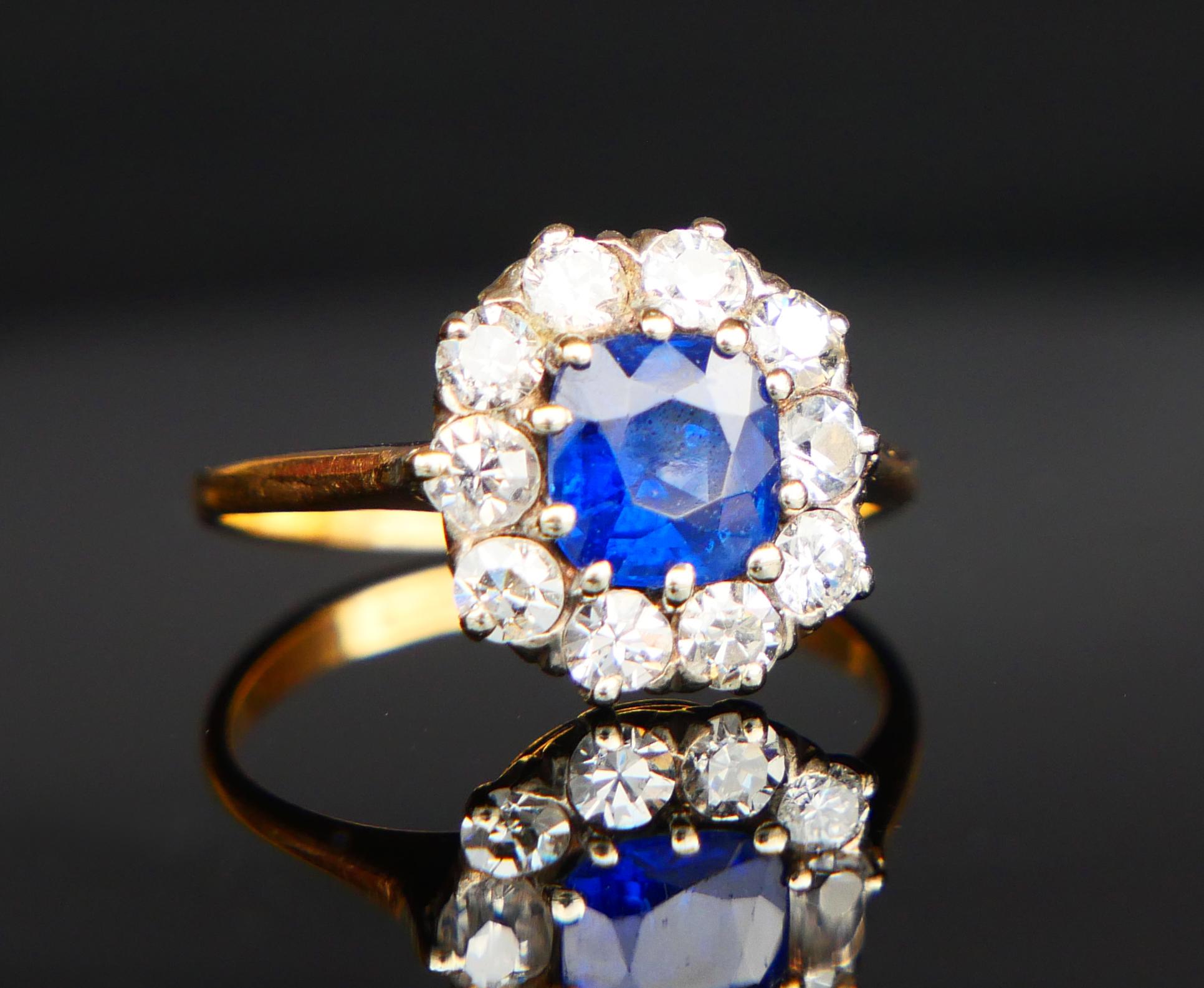 Antique halo ring 1ct Sapphire 0.8ctw Diamonds 18K Gold Platinum US4.75/2.8gr For Sale 6