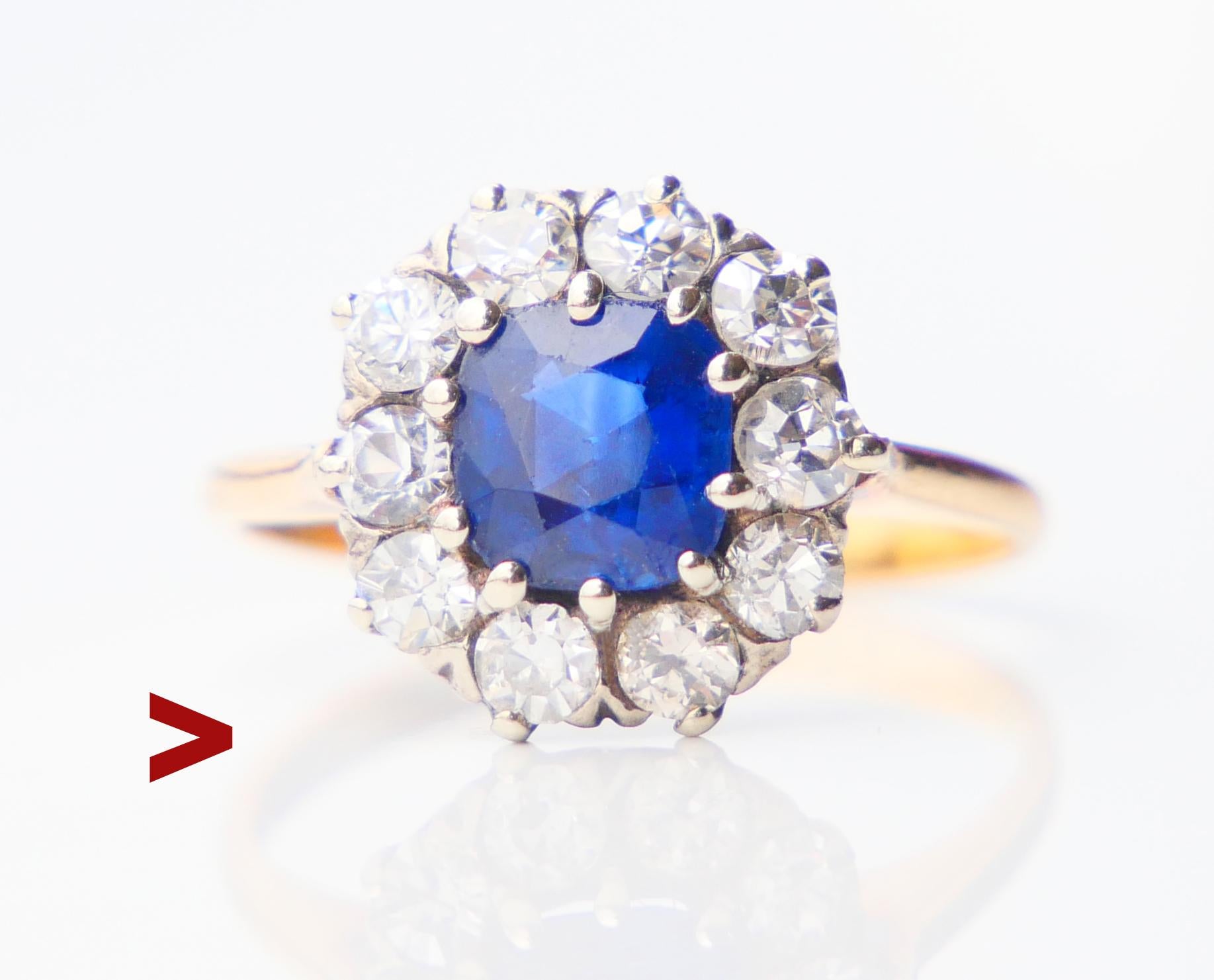 Beautiful Halo Ring in solid 18K Yellow Gold with natural Blue Sapphire and 10 Diamonds in White Gold / or Platinum settings.

Natural Sapphire of old European cushion cut, color is medium Blue, demonstrates inclusions and distinctive Color