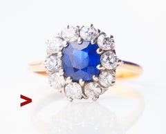 Antique halo ring 1ct Sapphire 0.8ctw Diamonds 18K Gold Platinum US4.75/2.8gr