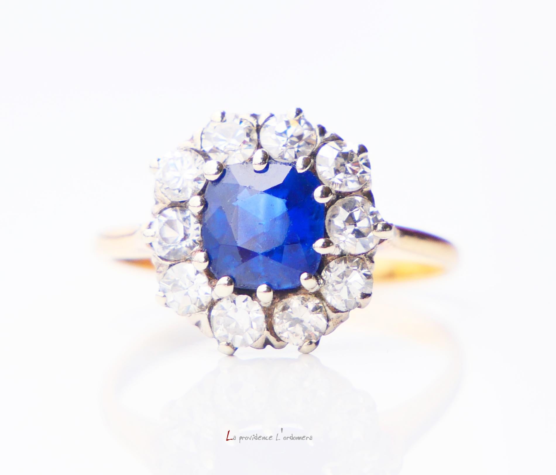 Cushion Cut Antique halo ring 1ct Sapphire 0.8ctw Diamonds 18K Gold Platinum US4.75/2.8gr For Sale