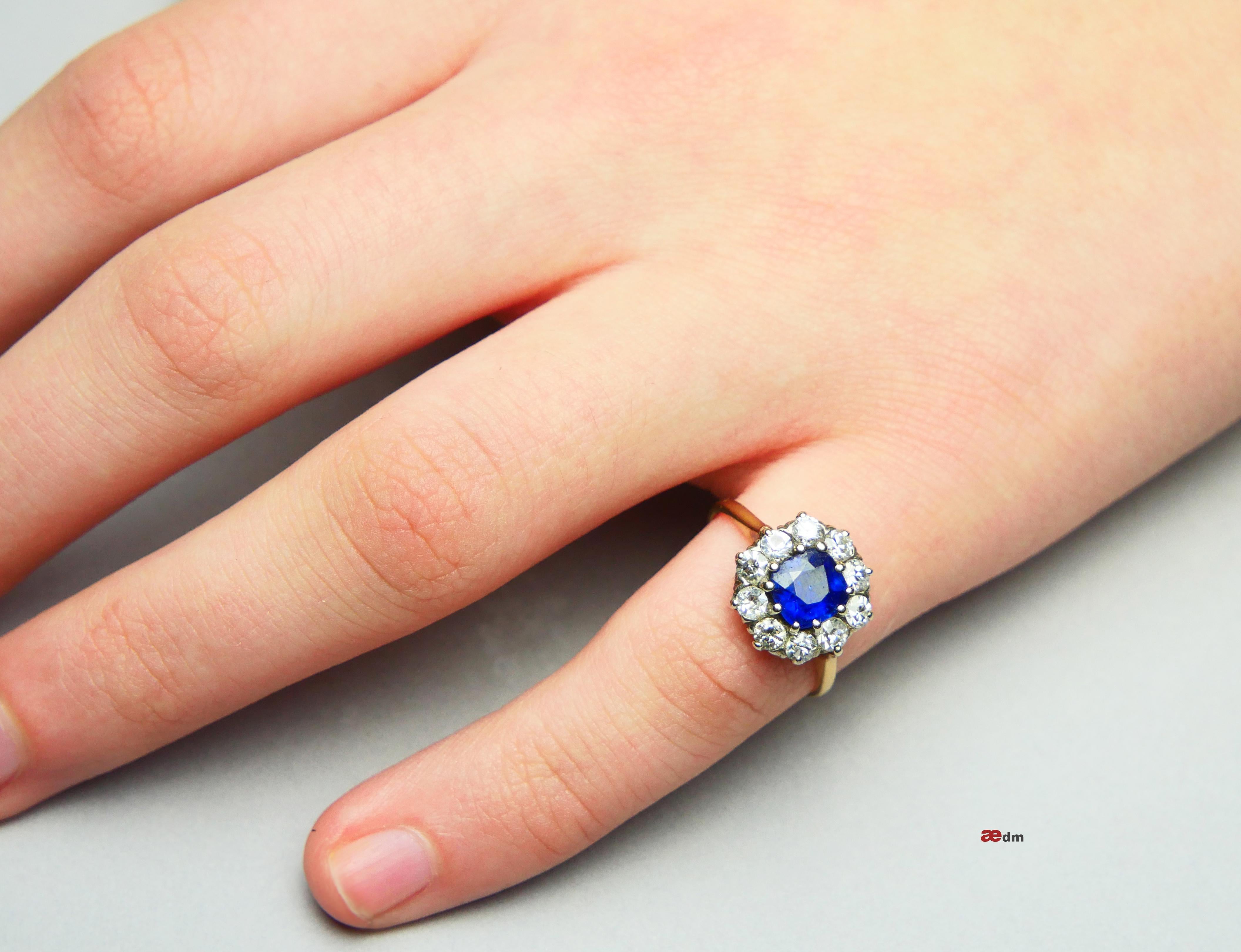 Antique halo ring 1ct Sapphire 0.8ctw Diamonds 18K Gold Platinum US4.75/2.8gr For Sale 1