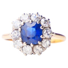 Antique halo ring 1ct Sapphire 0.8ctw Diamonds 18K Gold Platinum US4.75/2.8gr