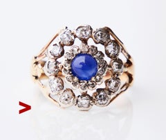Antique Halo Ring 1ct Sapphire 1.5 ctw Diamonds solid 14K Gold Ø 8.25US/ 5.5 gr