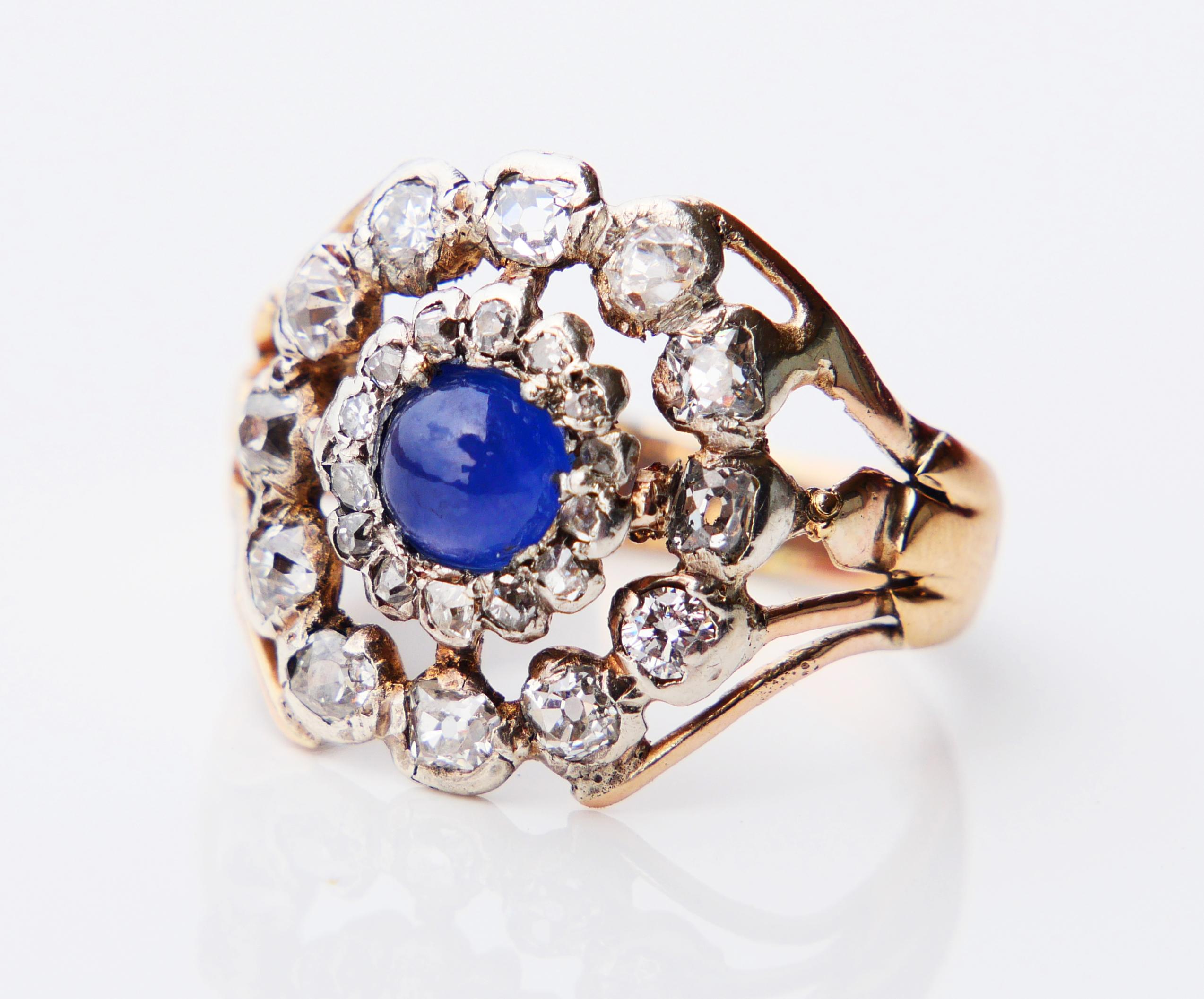 Modernist Antique Halo Ring 1ct Sapphire 1.5 ctw Diamonds solid 14K Gold Ø 8.25US/ 5.5 gr For Sale