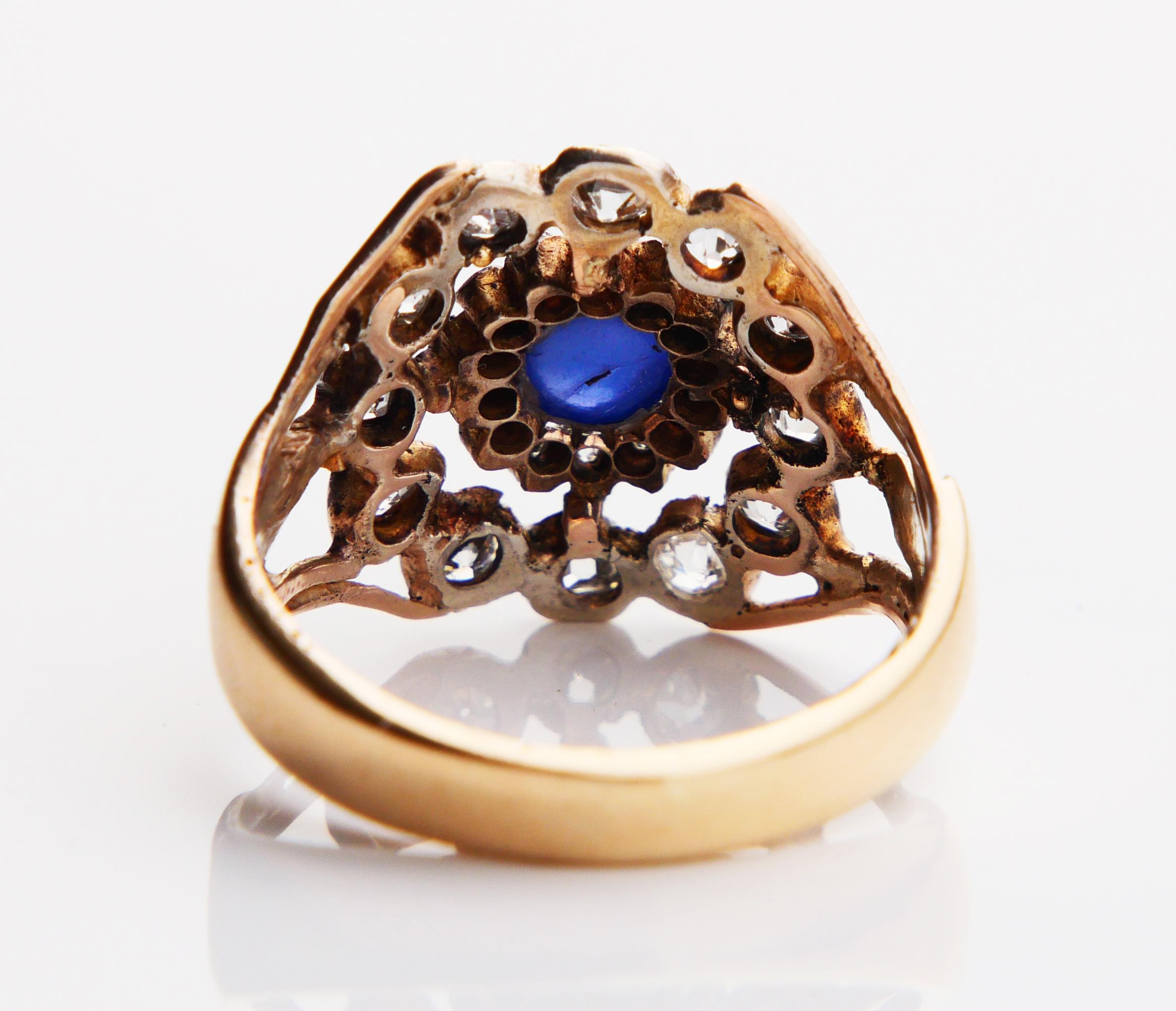 Old European Cut Antique Halo Ring 1ct Sapphire 1.5 ctw Diamonds solid 14K Gold Ø 8.25US/ 5.5 gr For Sale
