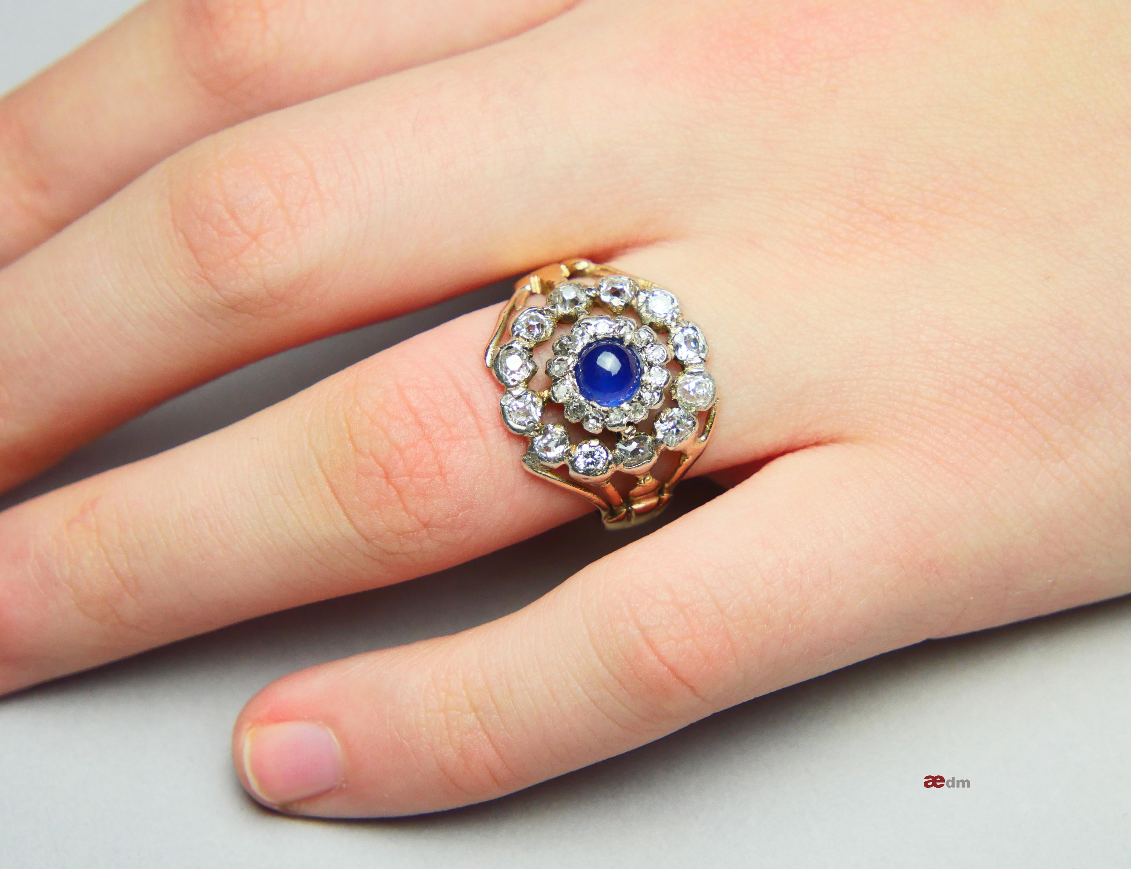 Antique Halo Ring 1ct Sapphire 1.5 ctw Diamonds solid 14K Gold Ø 8.25US/ 5.5 gr For Sale 1
