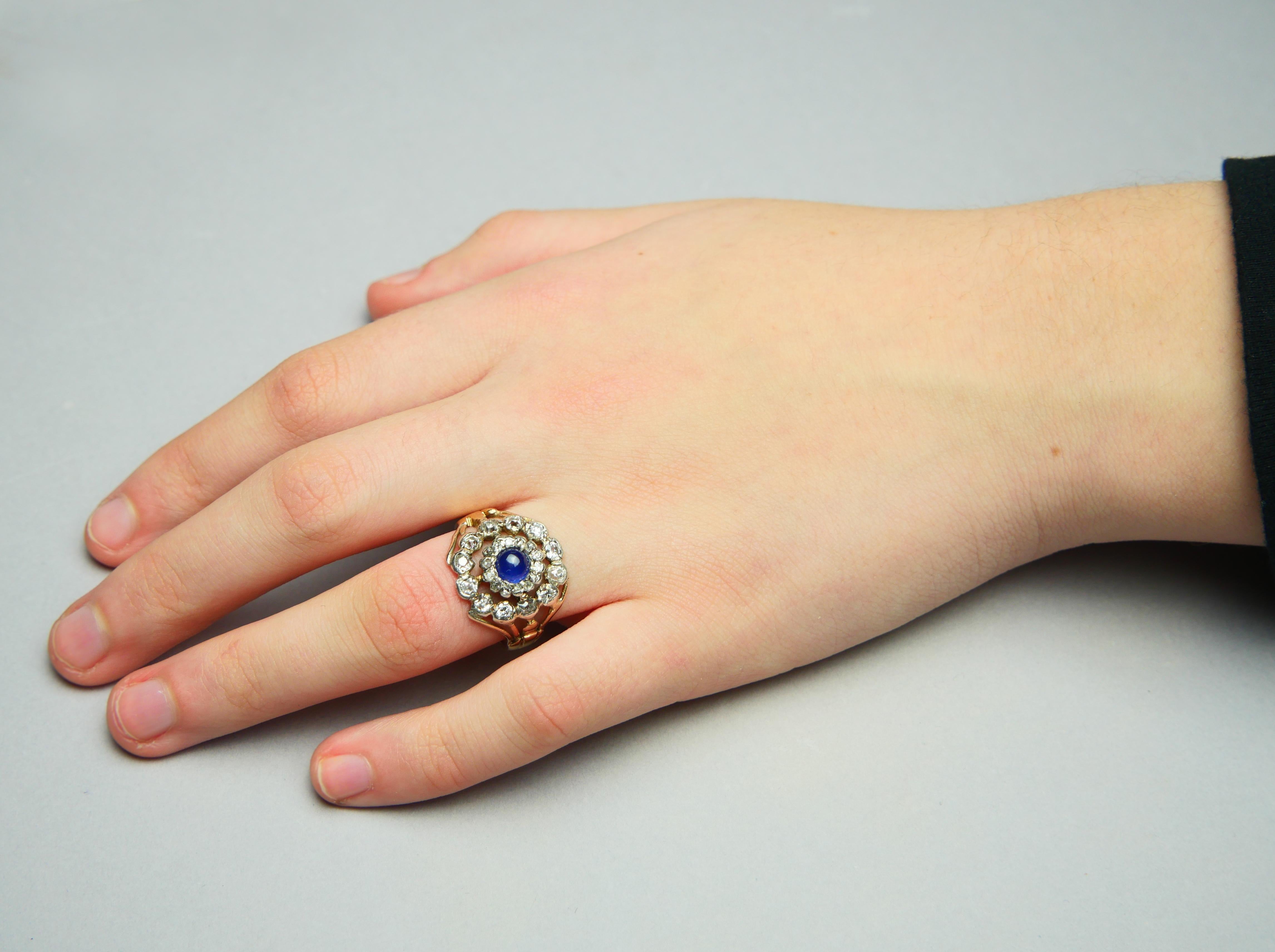 Antique Halo Ring 1ct Sapphire 1.5 ctw Diamonds solid 14K Gold Ø 8.25US/ 5.5 gr For Sale 2