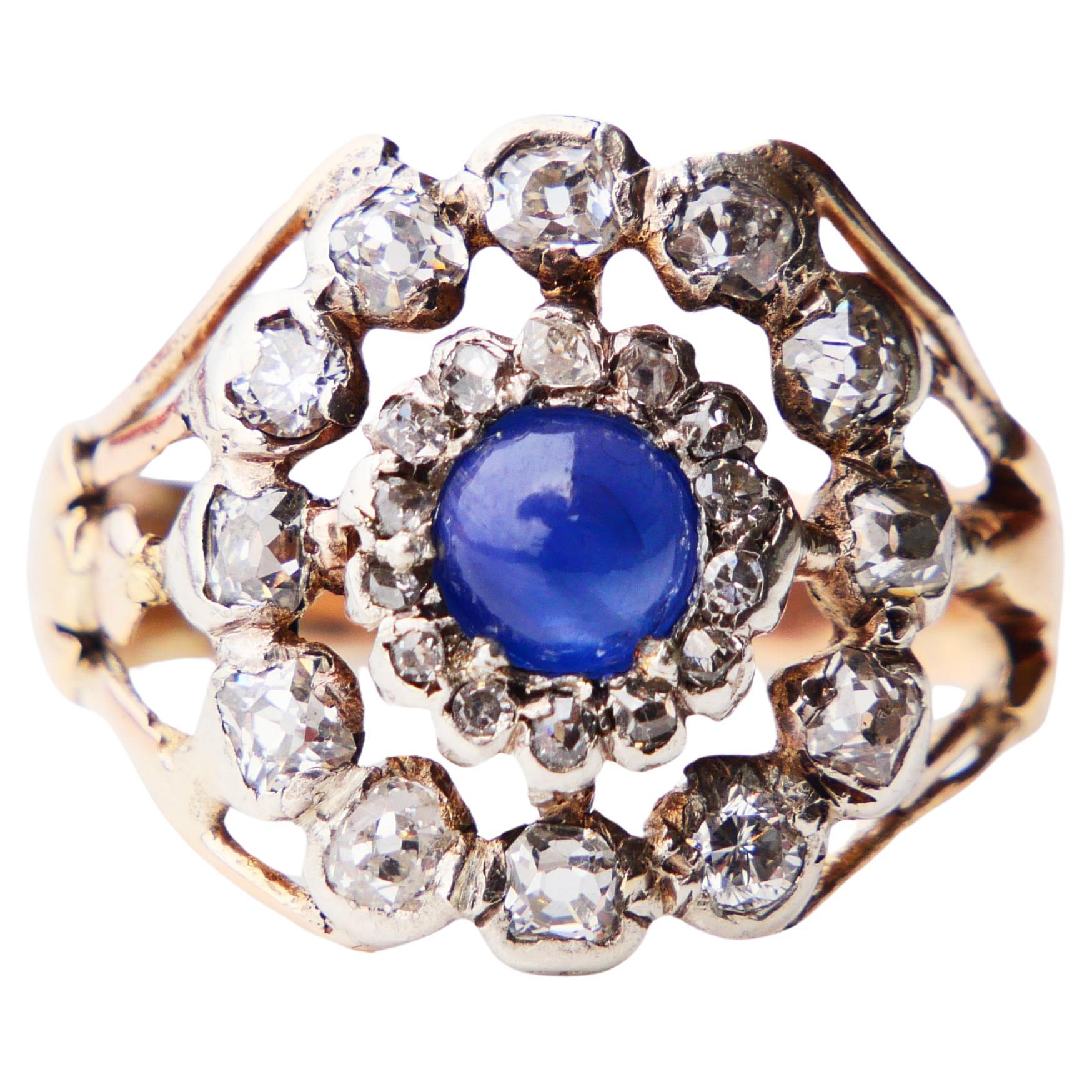 Antique Halo Ring 1ct Sapphire 1.5 ctw Diamonds solid 14K Gold Ø 8.25US/ 5.5 gr For Sale