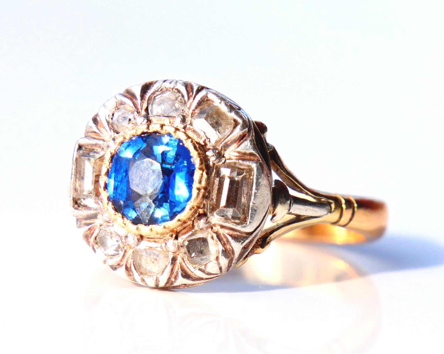 Antique Halo Ring 1ct Sapphire 1ctw Diamonds solid 18K Gold Ø5.5US/4.3 gr For Sale 6