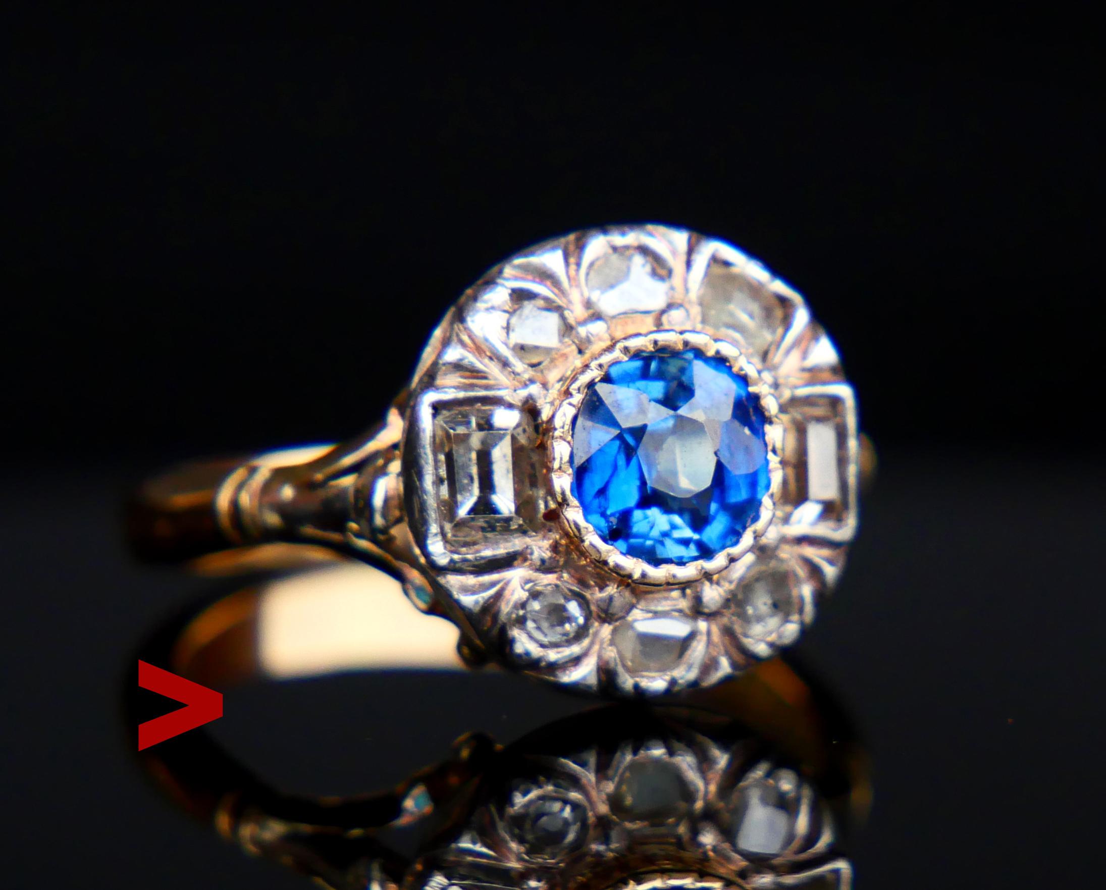European Halo Ring with 18K White Gold on Yellow Gold crown featuring natural Blue Sapphire and 8 Diamonds of various old cuts.

Swedish hallmarks ,18K , maker's hallmarks . Date combination is missing. Made ca. early XX century.

Floret/ crown
