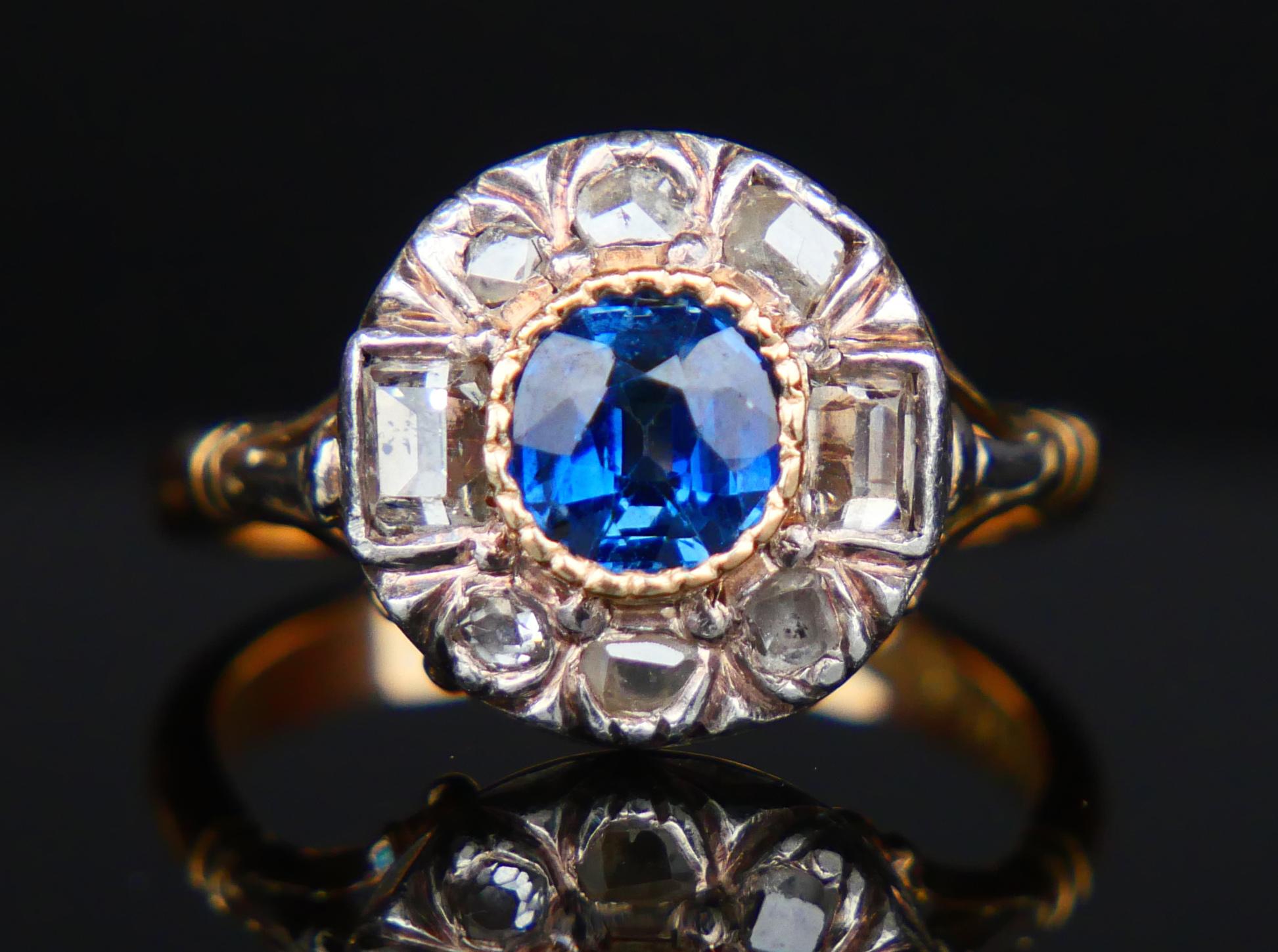 Retro Antique Halo Ring 1ct Sapphire 1ctw Diamonds solid 18K Gold Ø5.5US/4.3 gr For Sale