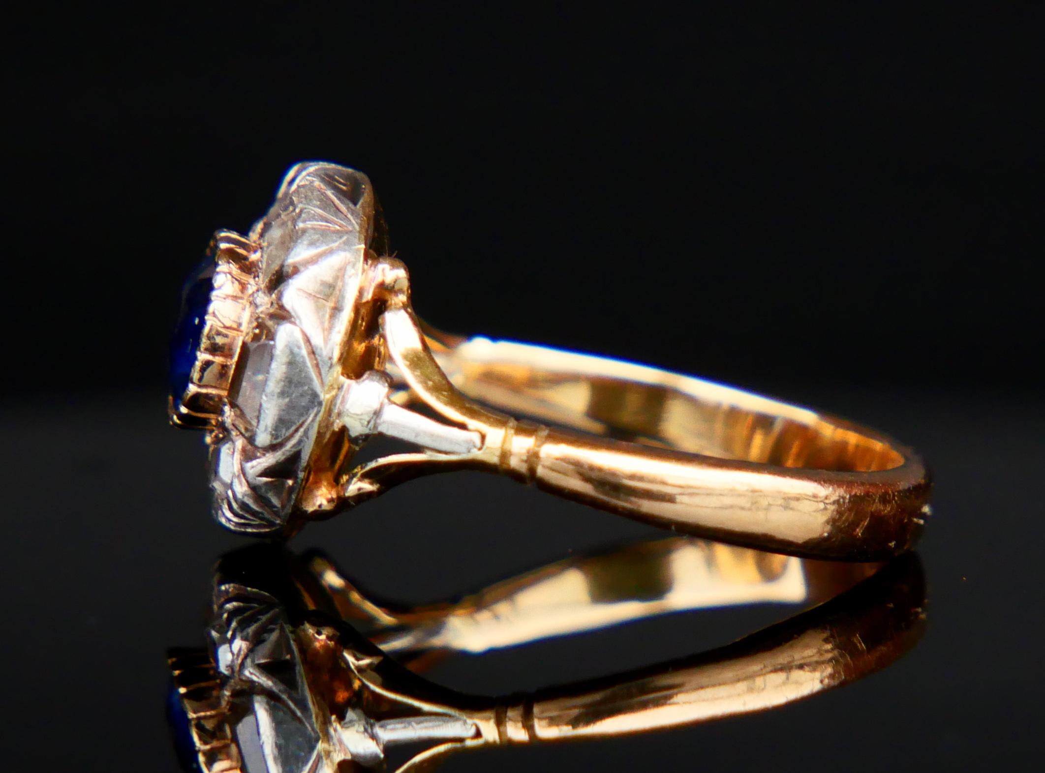 Women's Antique Halo Ring 1ct Sapphire 1ctw Diamonds solid 18K Gold Ø5.5US/4.3 gr For Sale