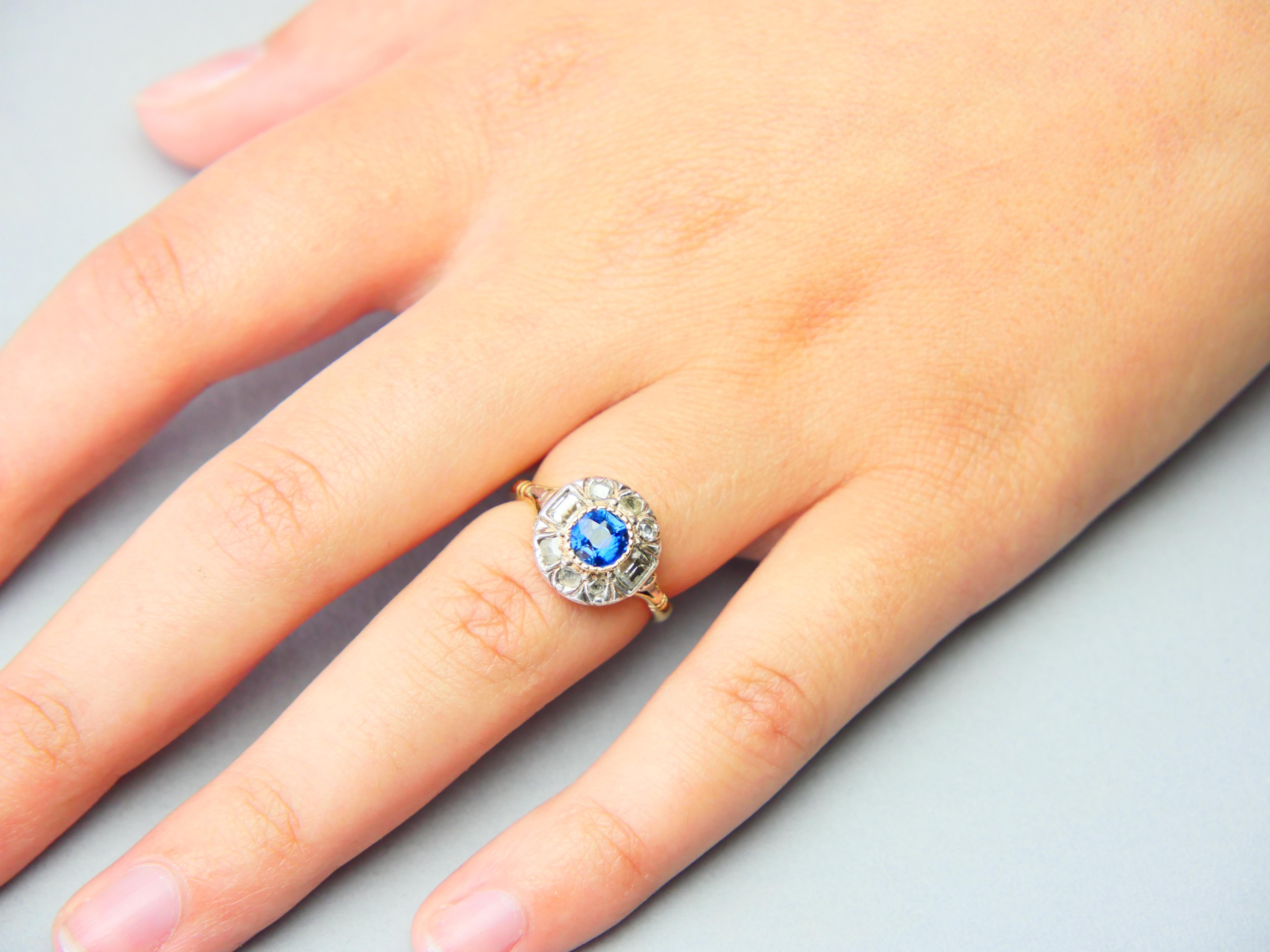 Antique Halo Ring 1ct Sapphire 1ctw Diamonds solid 18K Gold Ø5.5US/4.3 gr For Sale 1